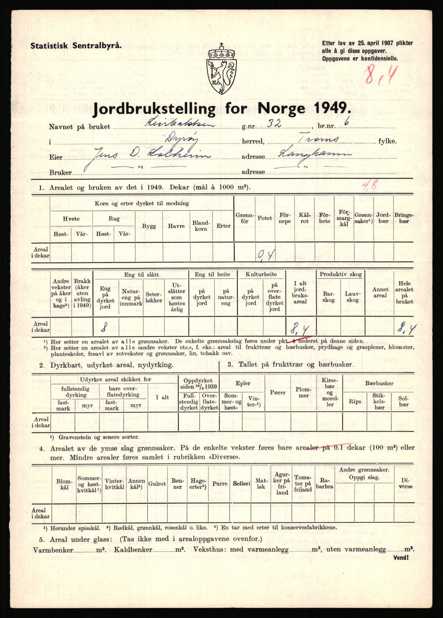 Statistisk sentralbyrå, Næringsøkonomiske emner, Jordbruk, skogbruk, jakt, fiske og fangst, AV/RA-S-2234/G/Gc/L0440: Troms: Sørreisa og Dyrøy, 1949, p. 972