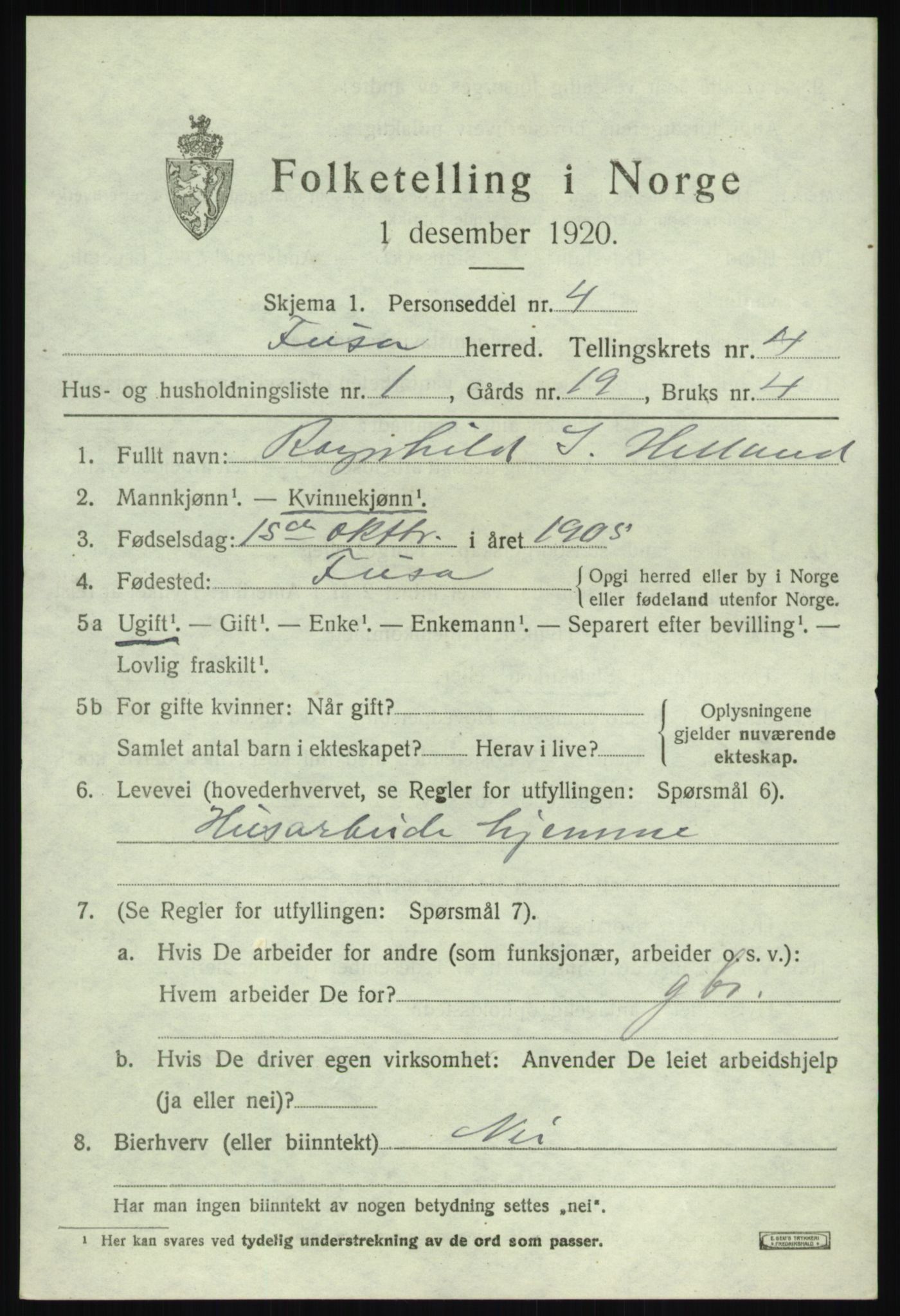 SAB, 1920 census for Fusa, 1920, p. 1555