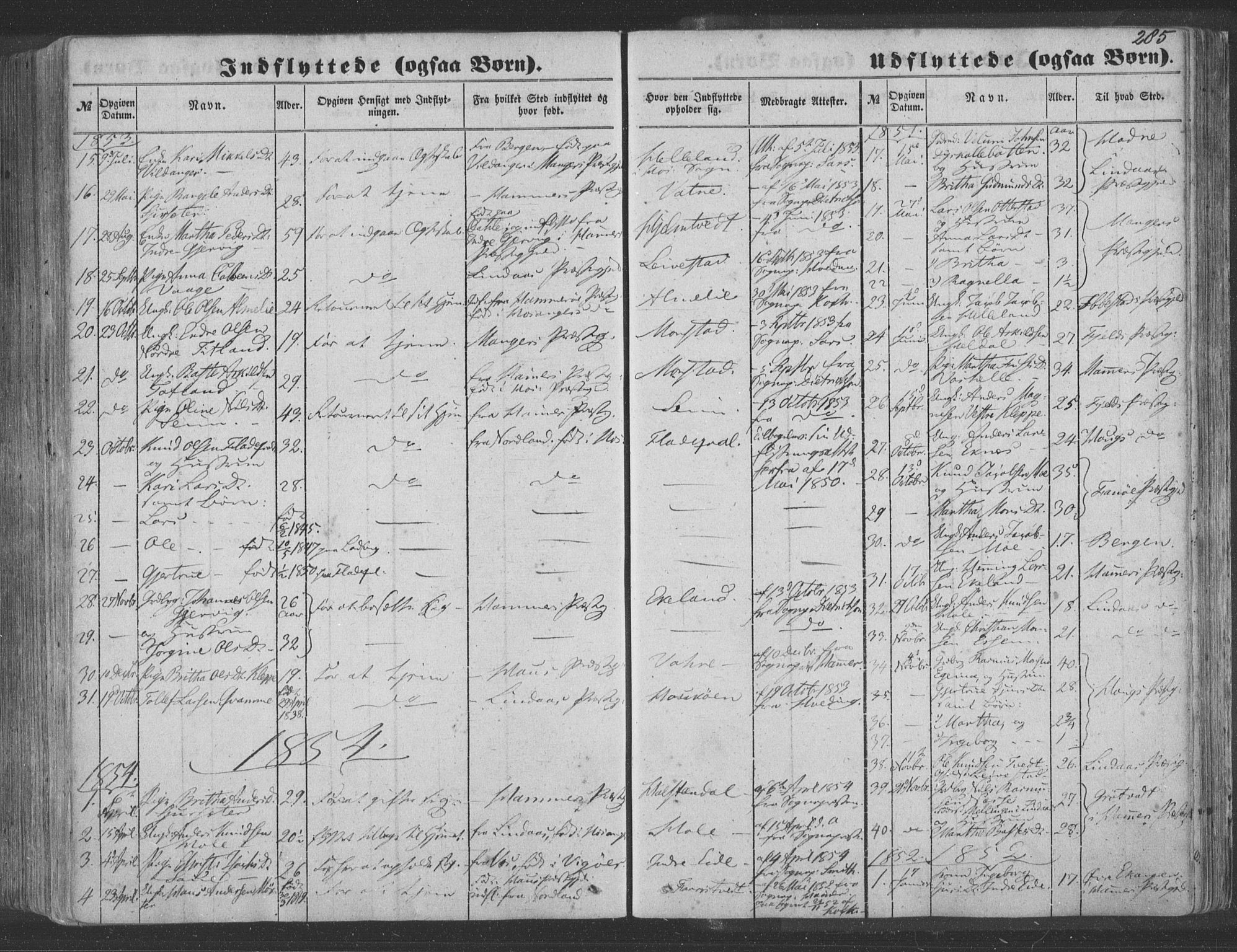 Hosanger sokneprestembete, SAB/A-75801/H/Haa: Parish register (official) no. A 8, 1849-1863, p. 285