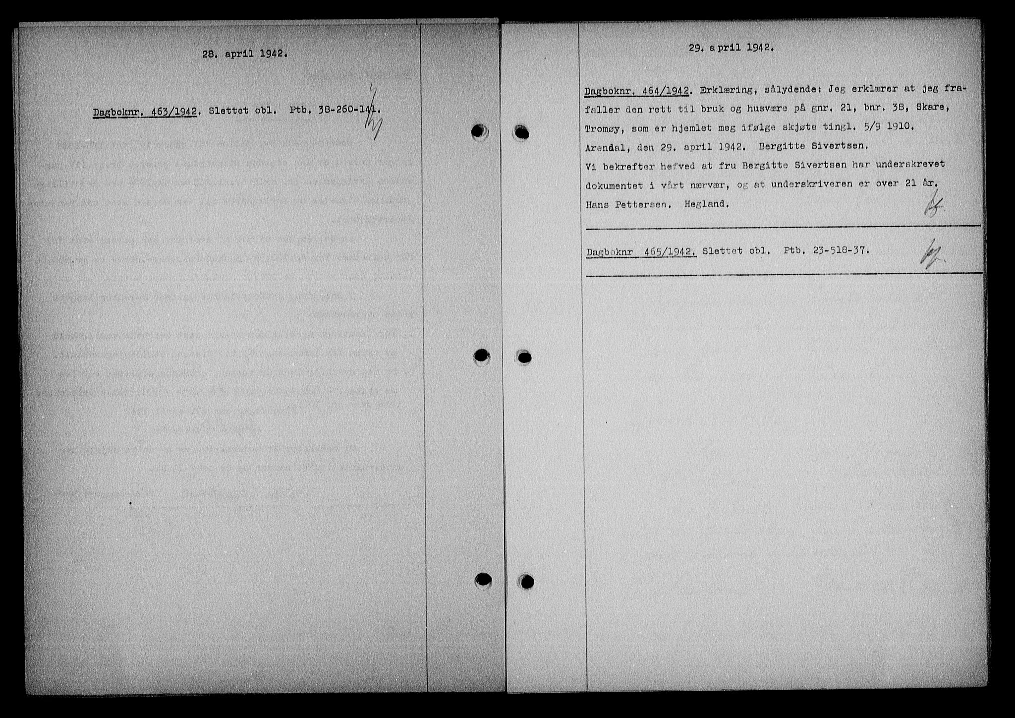 Nedenes sorenskriveri, SAK/1221-0006/G/Gb/Gba/L0049: Mortgage book no. A-III, 1941-1942, Diary no: : 464/1942
