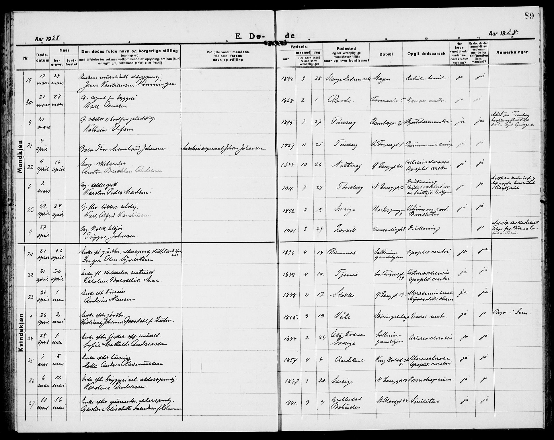 Tønsberg kirkebøker, AV/SAKO-A-330/G/Ga/L0018: Parish register (copy) no. 18, 1920-1935, p. 89