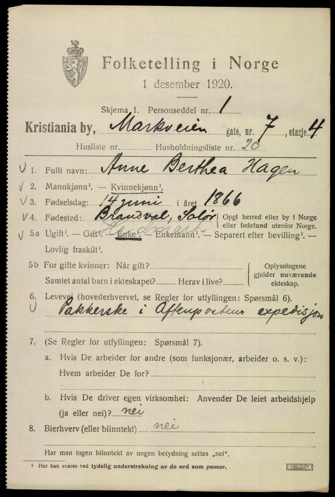 SAO, 1920 census for Kristiania, 1920, p. 385991