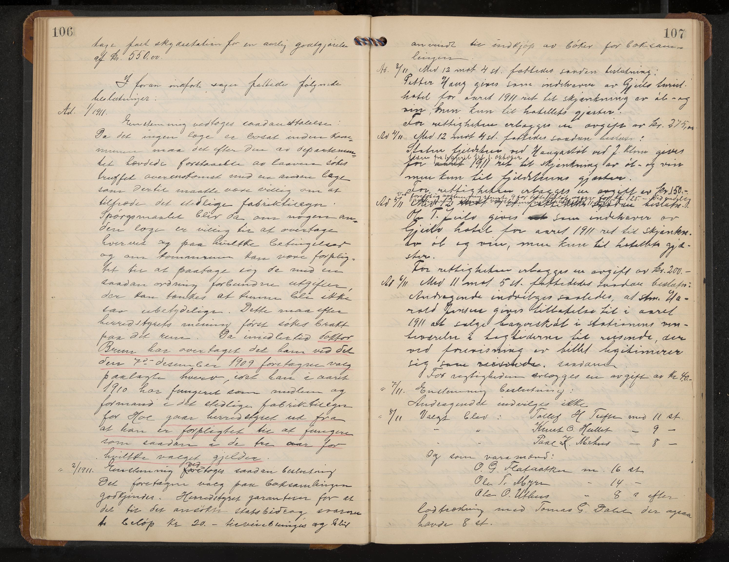 Hol formannskap og sentraladministrasjon, IKAK/0620021-1/A/L0005: Møtebok, 1909-1915, p. 106-107