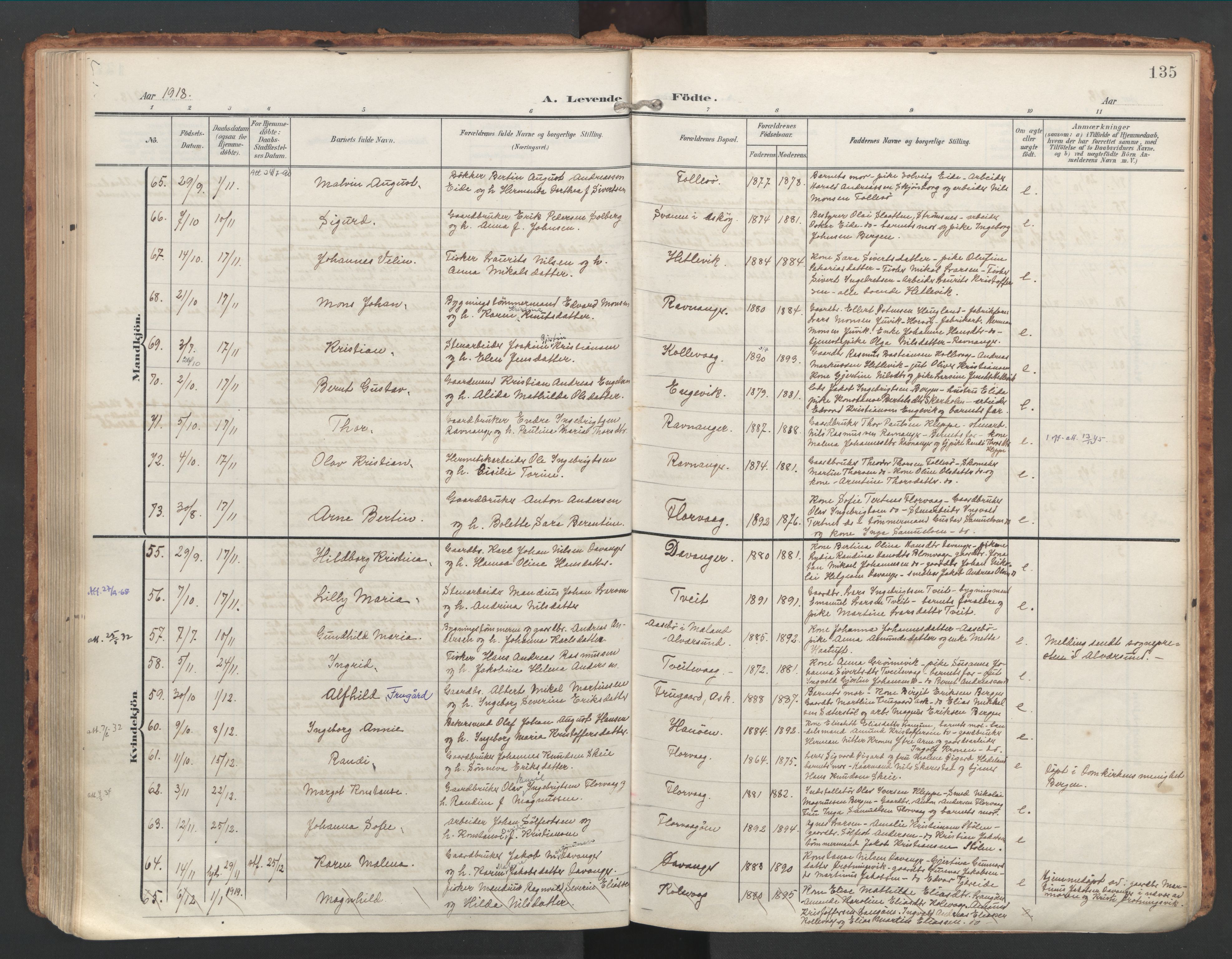 Askøy Sokneprestembete, AV/SAB-A-74101/H/Ha/Haa/Haac/L0002: Parish register (official) no. C 2, 1905-1922, p. 135