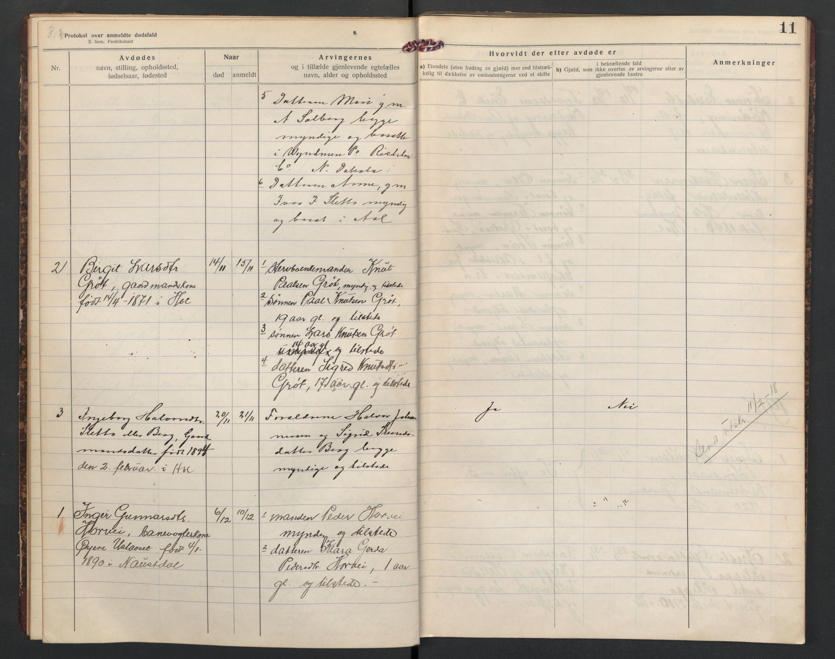 Hol lensmannskontor, AV/SAKO-A-512/H/Ha/L0005: Dødsanmeldelsesprotokoll, 1917-1924, p. 11