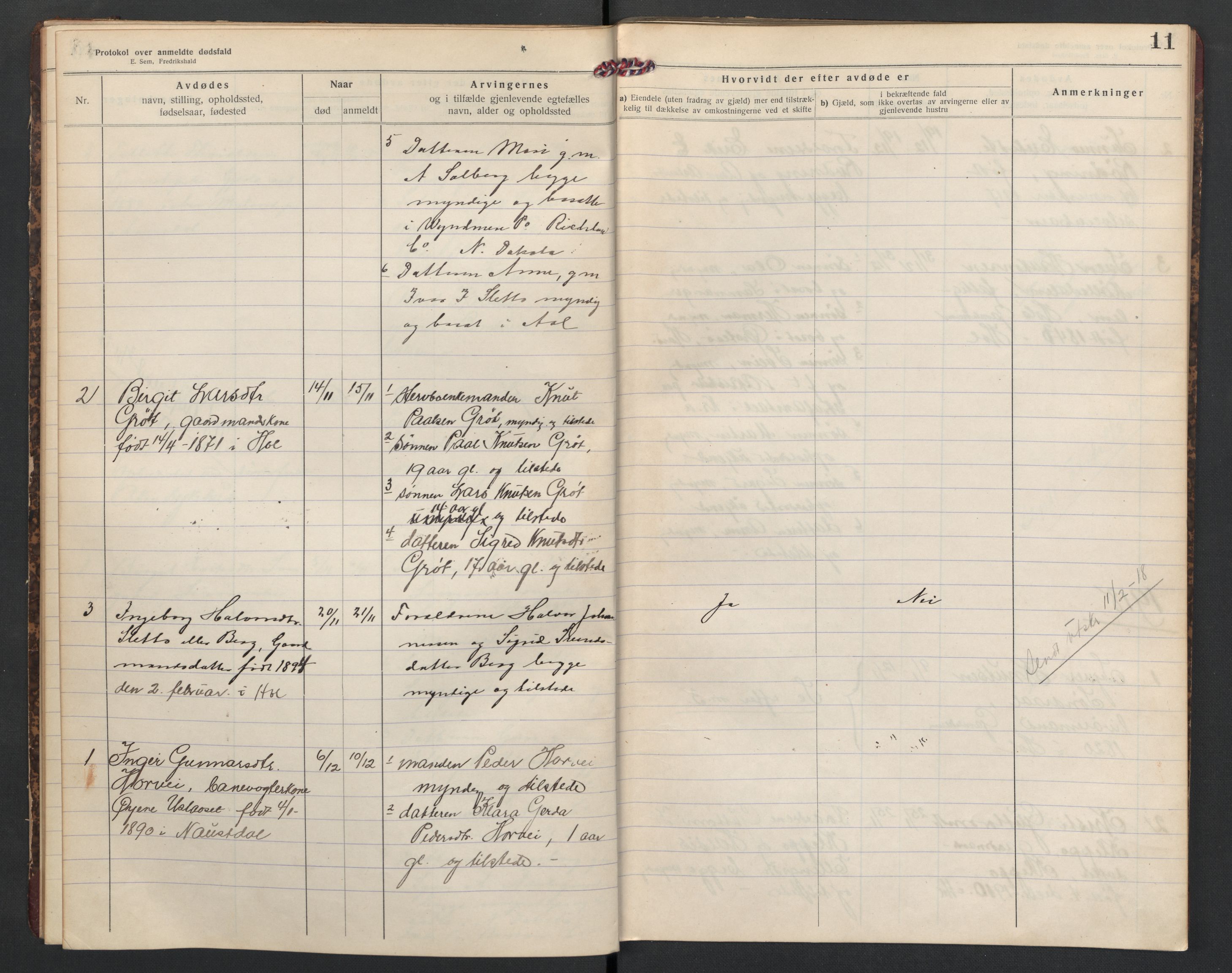 Hol lensmannskontor, SAKO/A-512/H/Ha/L0005: Dødsanmeldelsesprotokoll, 1917-1924, p. 11