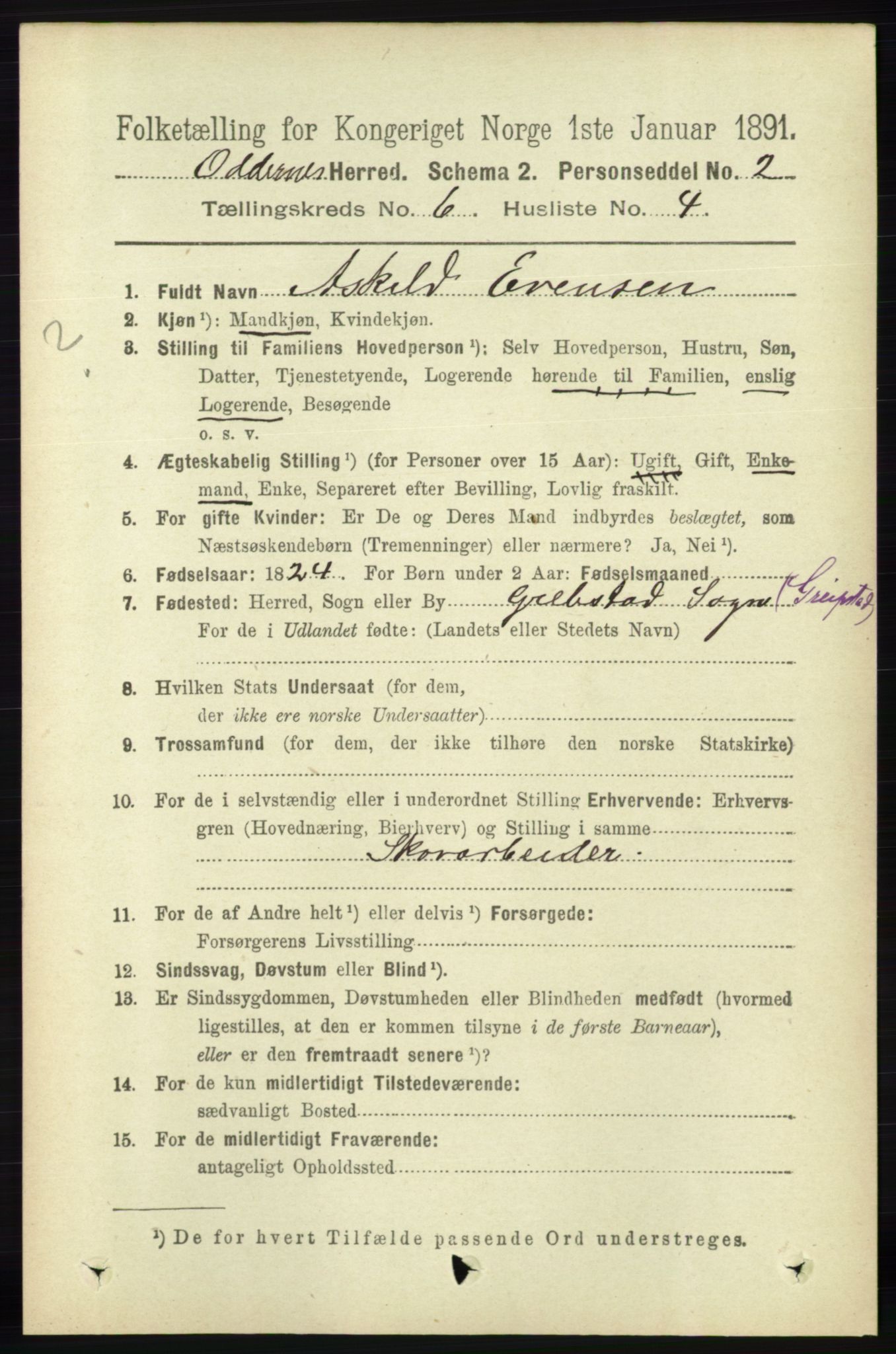 RA, 1891 census for 1012 Oddernes, 1891, p. 2207