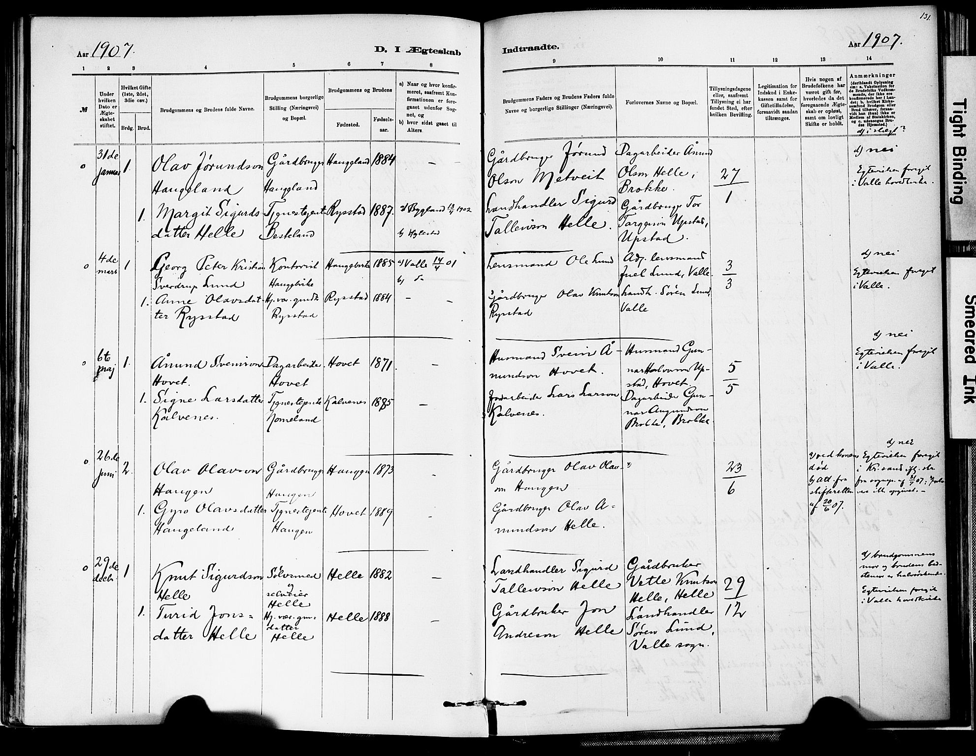 Valle sokneprestkontor, AV/SAK-1111-0044/F/Fa/Fab/L0001: Parish register (official) no. A 1, 1882-1910, p. 131