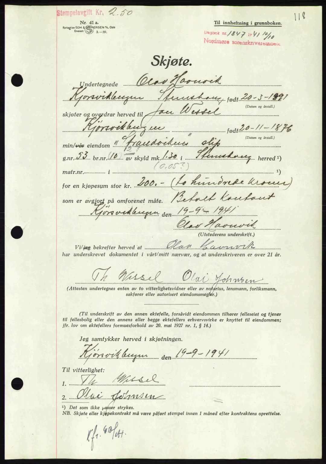 Nordmøre sorenskriveri, AV/SAT-A-4132/1/2/2Ca: Mortgage book no. A91, 1941-1942, Diary no: : 1847/1941