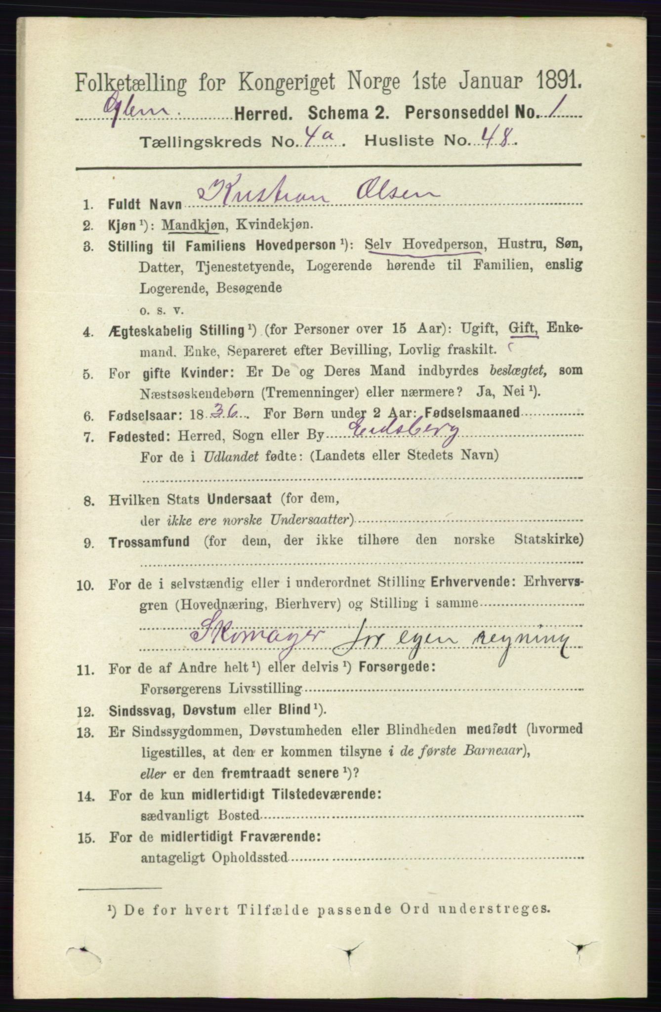 RA, 1891 census for 0132 Glemmen, 1891, p. 3921