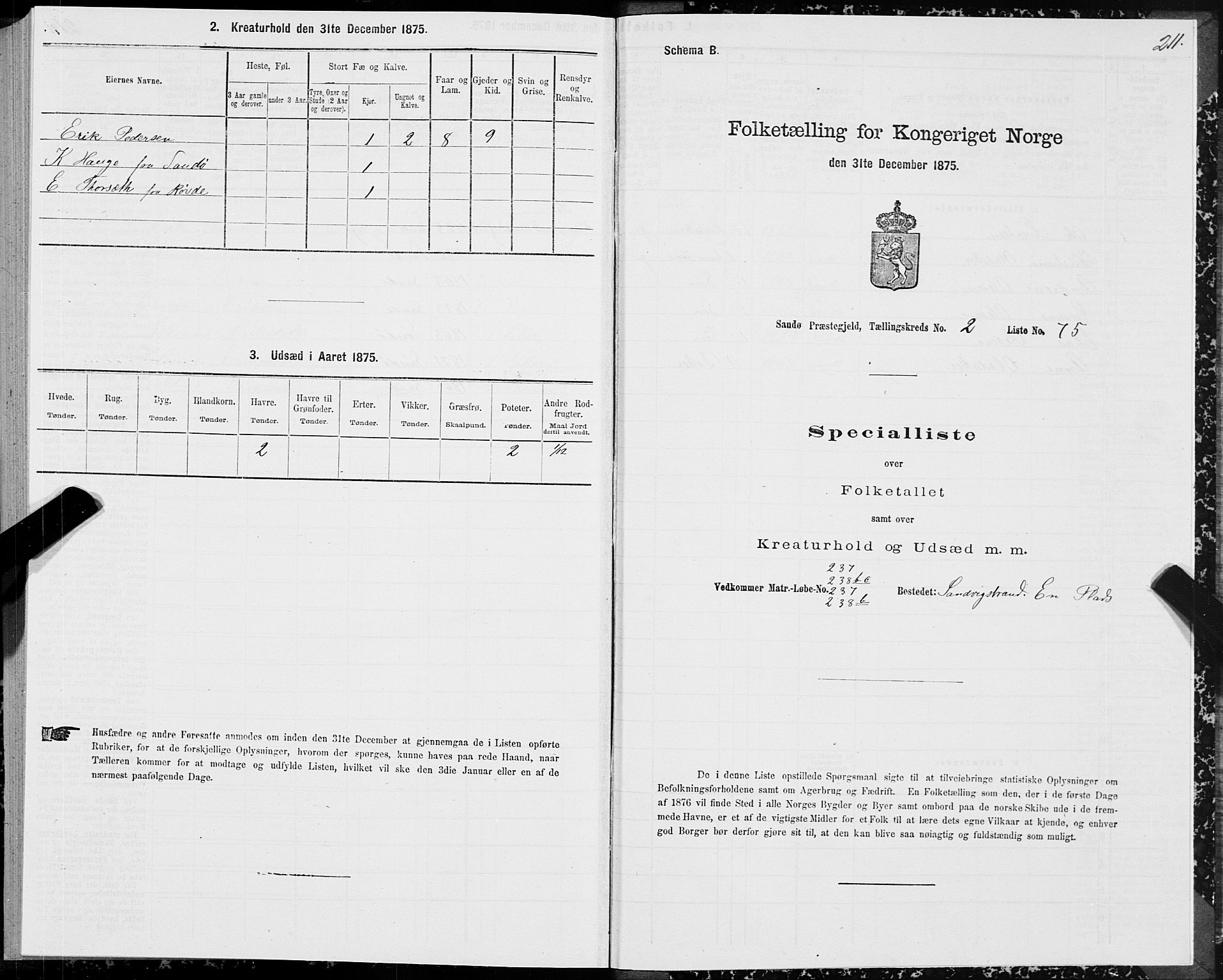 SAT, 1875 census for 1514P Sande, 1875, p. 1211
