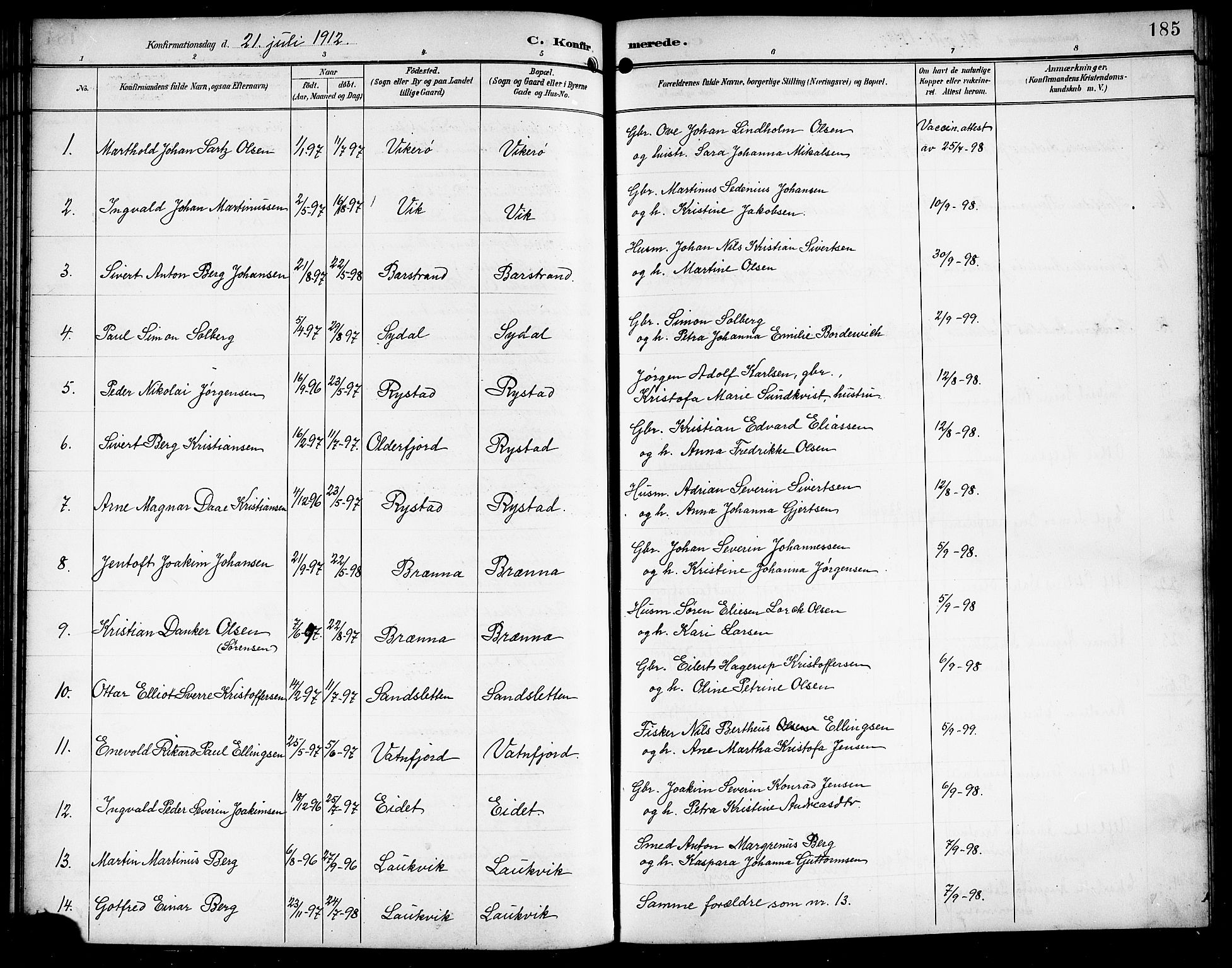 Ministerialprotokoller, klokkerbøker og fødselsregistre - Nordland, AV/SAT-A-1459/876/L1105: Parish register (copy) no. 876C04, 1896-1914, p. 185