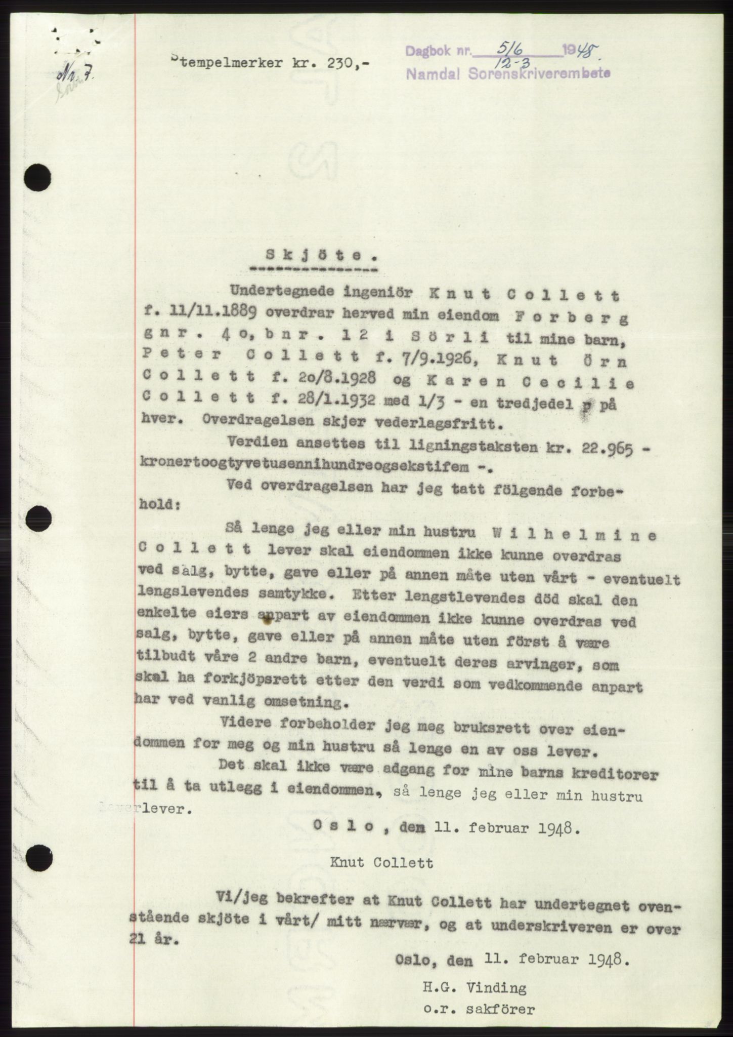 Namdal sorenskriveri, SAT/A-4133/1/2/2C: Mortgage book no. -, 1947-1948, Diary no: : 516/1948