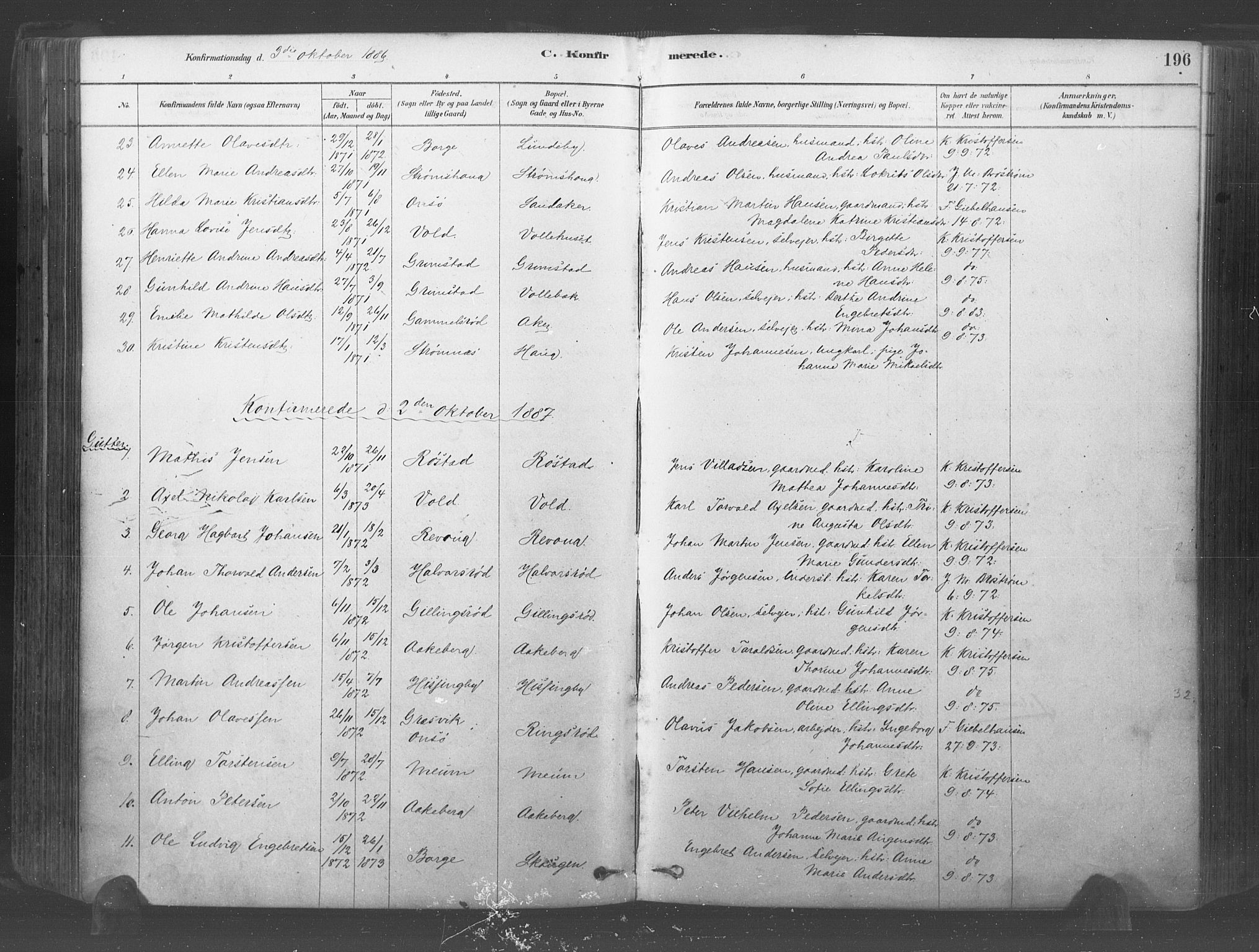 Råde prestekontor kirkebøker, AV/SAO-A-2009/F/Fa/L0007: Parish register (official) no. 7, 1878-1902, p. 196