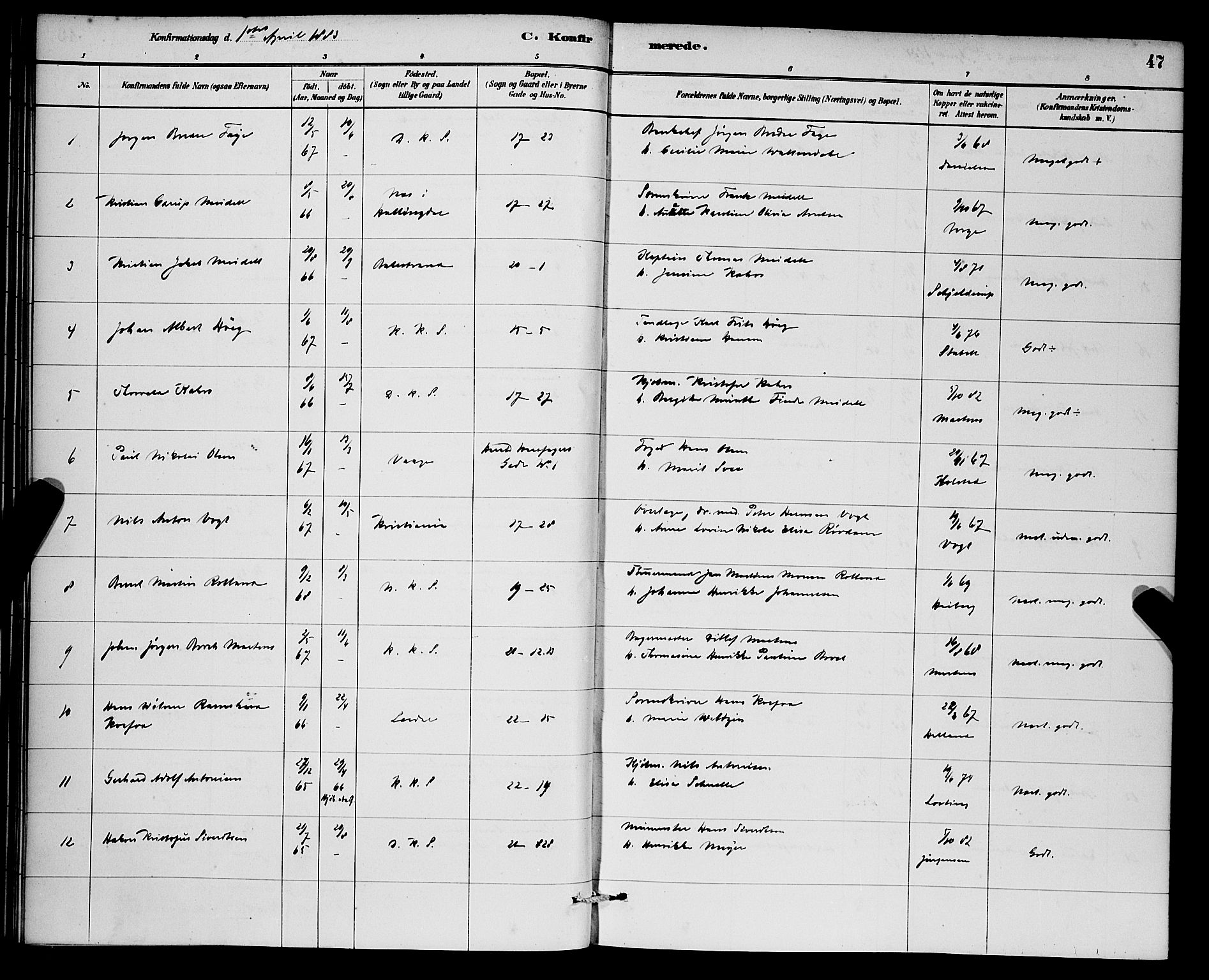 Korskirken sokneprestembete, SAB/A-76101/H/Hab: Parish register (copy) no. C 3, 1880-1892, p. 47