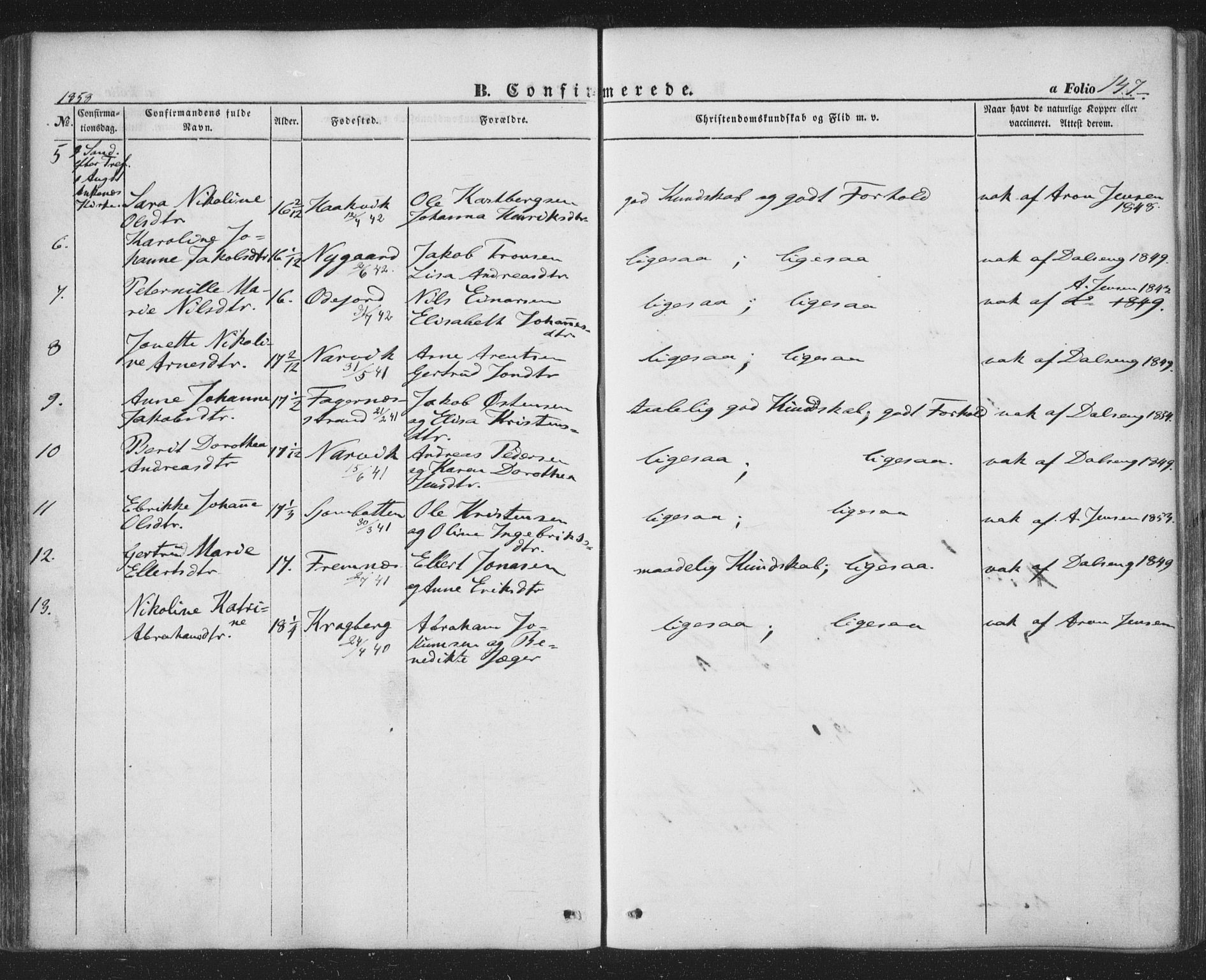 Ministerialprotokoller, klokkerbøker og fødselsregistre - Nordland, AV/SAT-A-1459/863/L0895: Parish register (official) no. 863A07, 1851-1860, p. 147