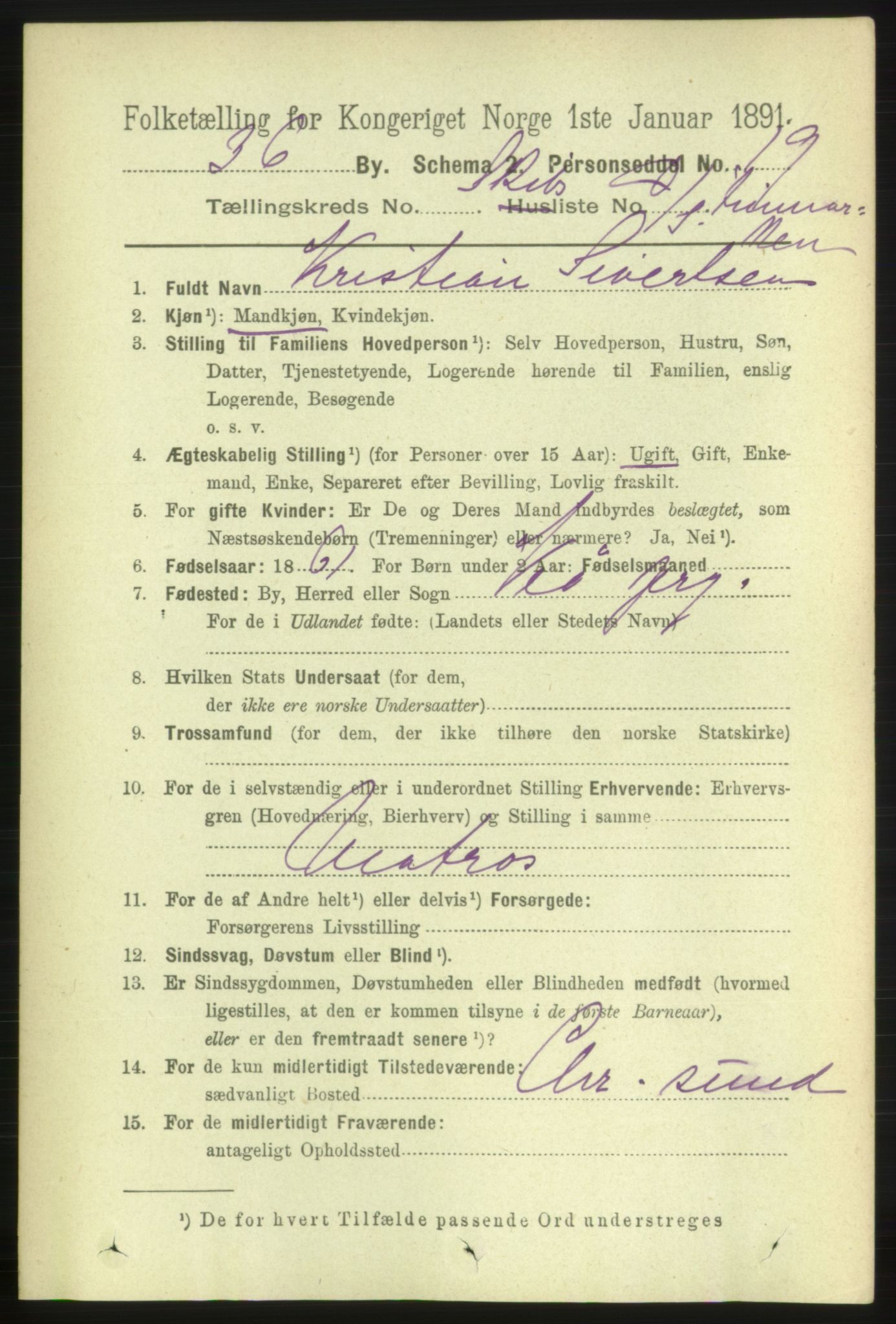 RA, 1891 census for 1001 Kristiansand, 1891, p. 16141