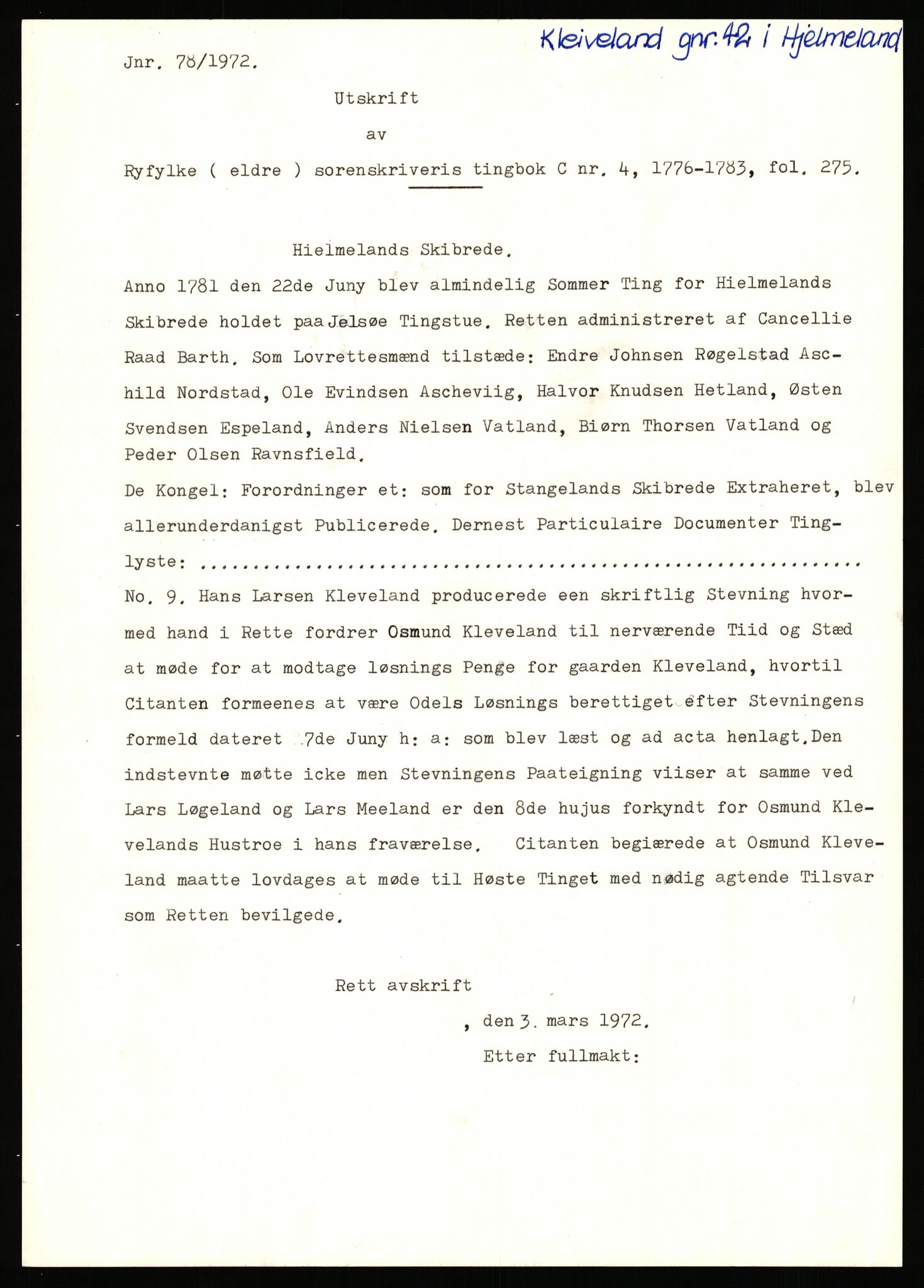 Statsarkivet i Stavanger, SAST/A-101971/03/Y/Yj/L0047: Avskrifter sortert etter gårdsnavn: Kirketeigen - Klovning, 1750-1930, p. 398