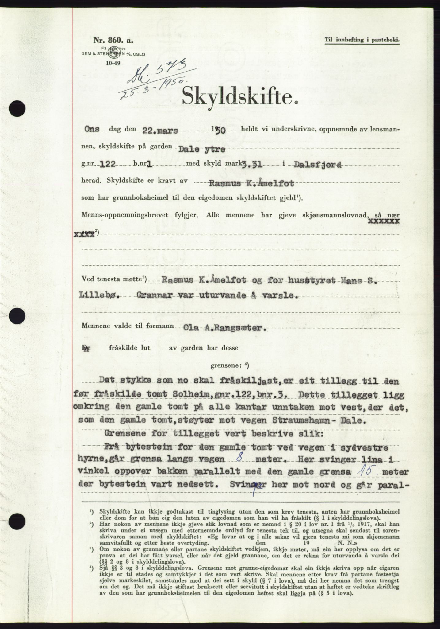 Søre Sunnmøre sorenskriveri, AV/SAT-A-4122/1/2/2C/L0086: Mortgage book no. 12A, 1949-1950, Diary no: : 573/1950