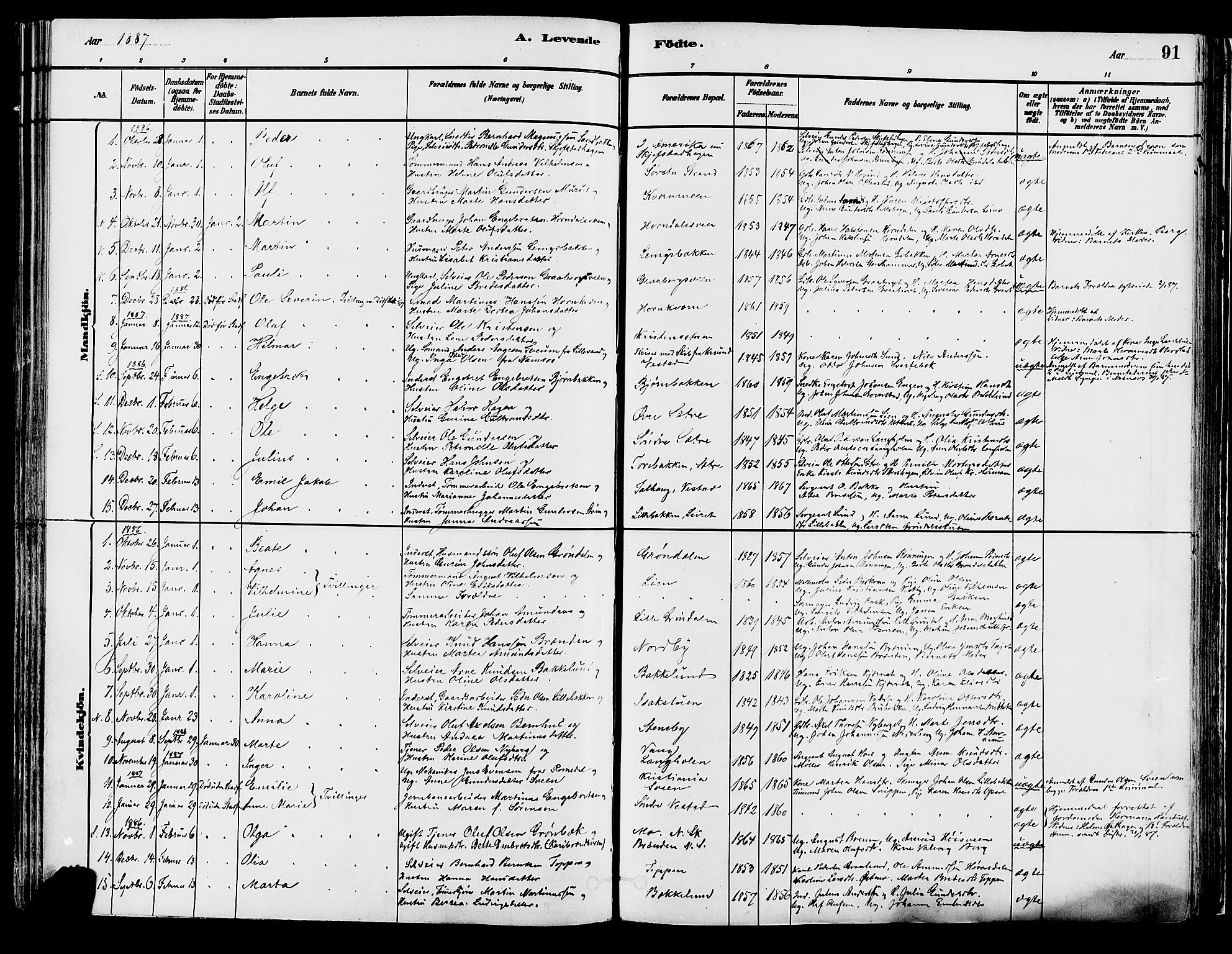 Elverum prestekontor, AV/SAH-PREST-044/H/Ha/Haa/L0013: Parish register (official) no. 13, 1880-1890, p. 91