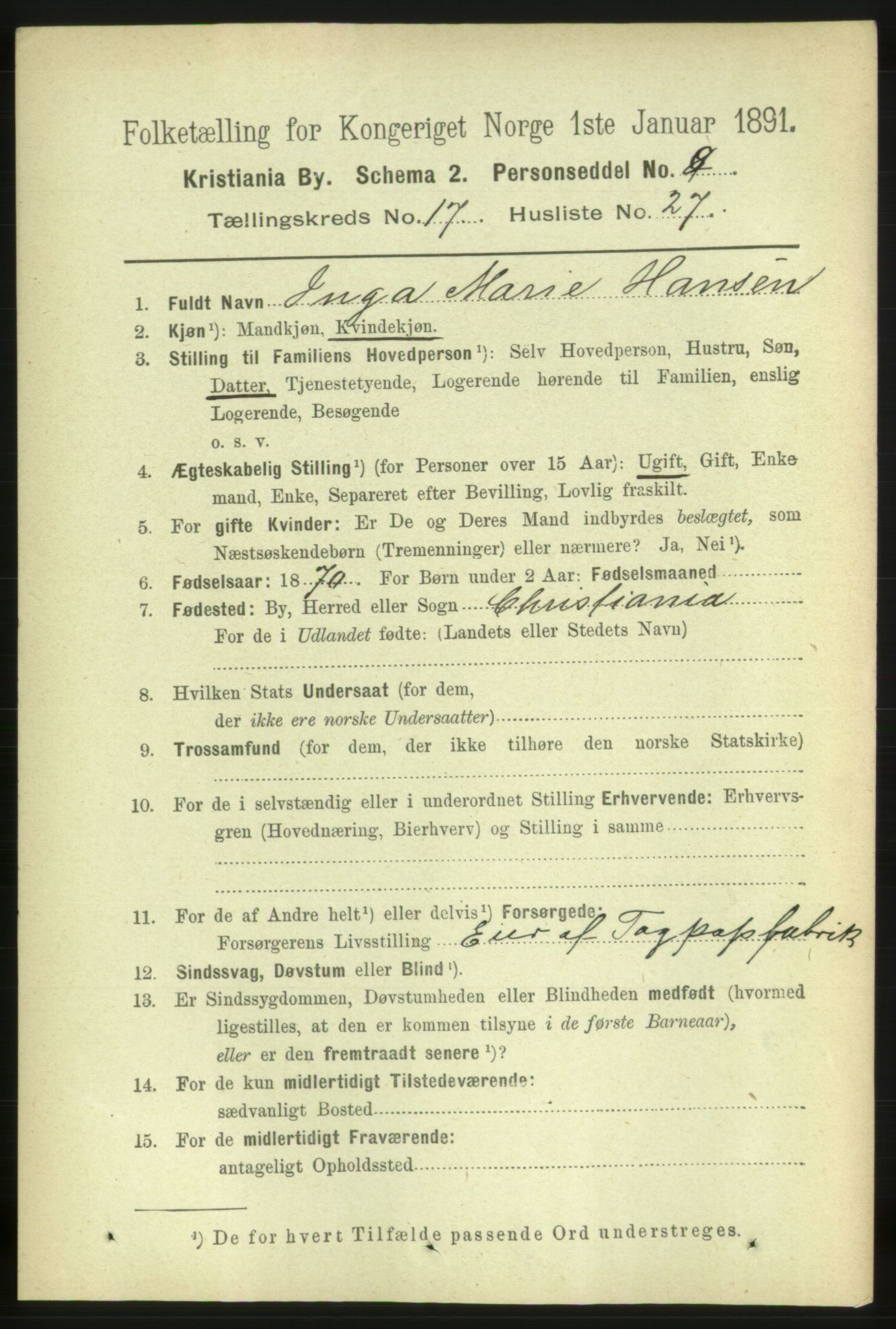 RA, 1891 census for 0301 Kristiania, 1891, p. 8729