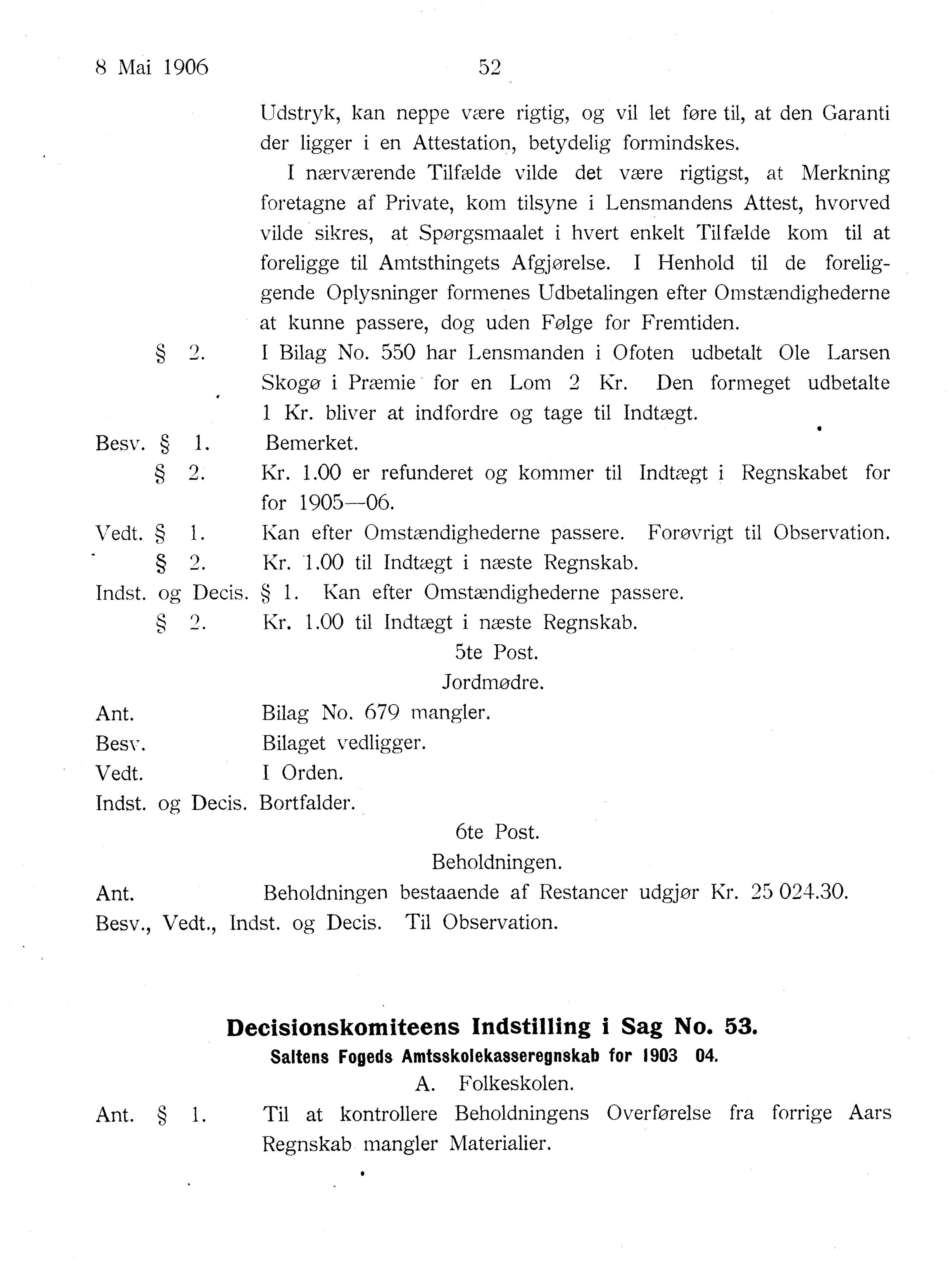 Nordland Fylkeskommune. Fylkestinget, AIN/NFK-17/176/A/Ac/L0029: Fylkestingsforhandlinger 1906, 1906