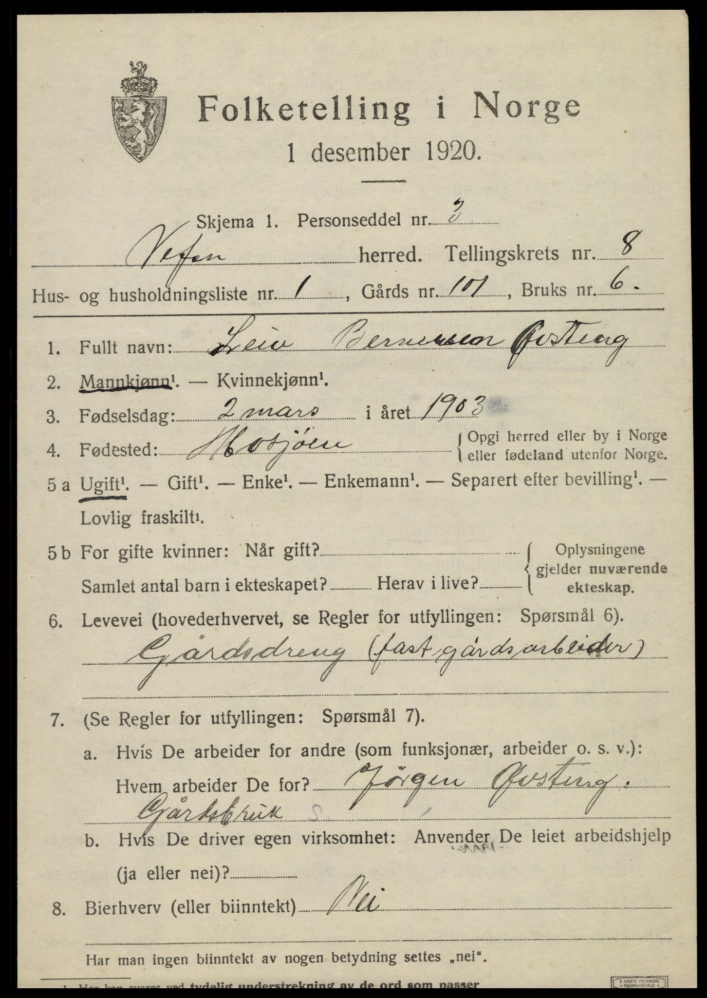 SAT, 1920 census for Vefsn, 1920, p. 5309