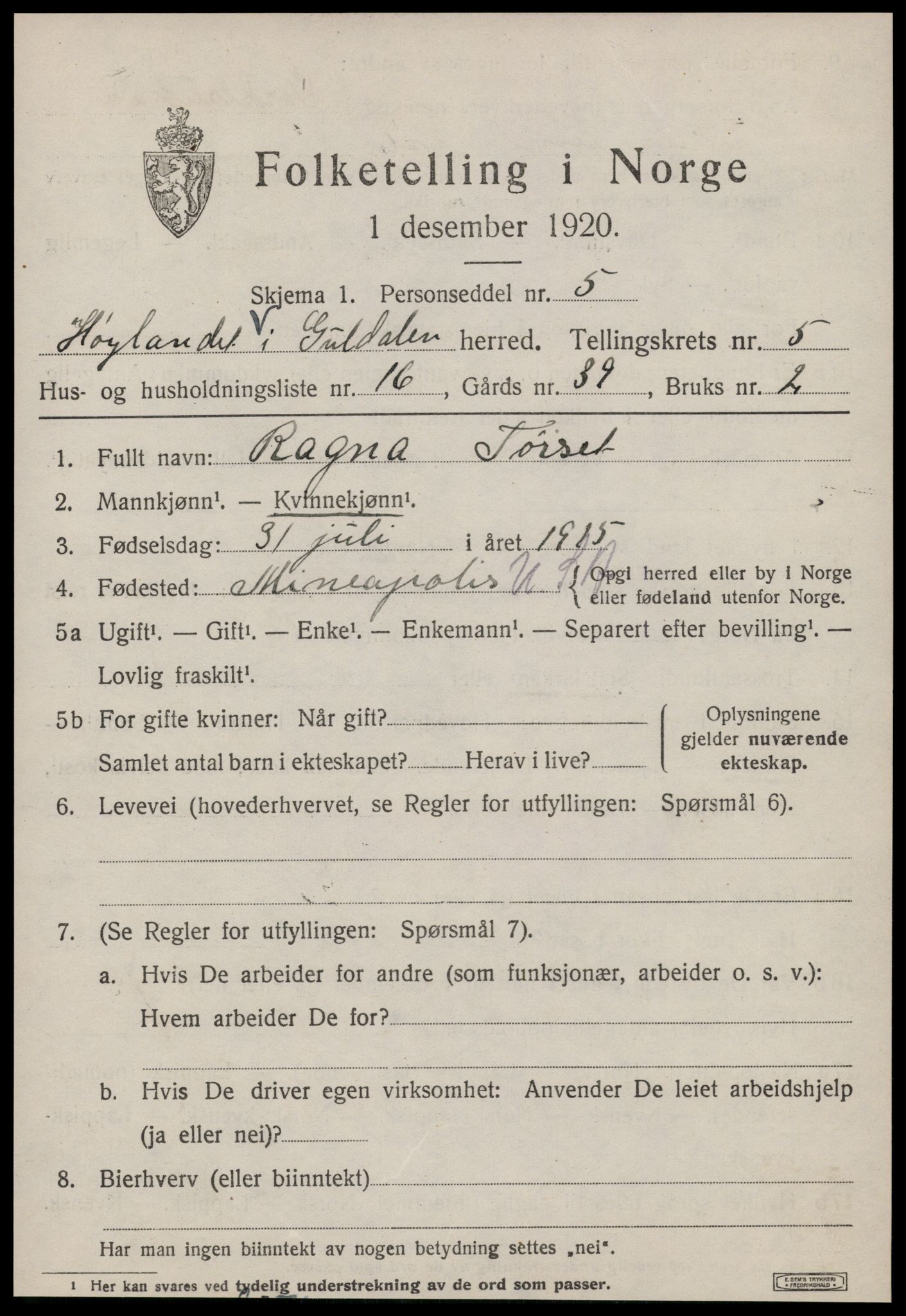 SAT, 1920 census for Hølonda, 1920, p. 2353