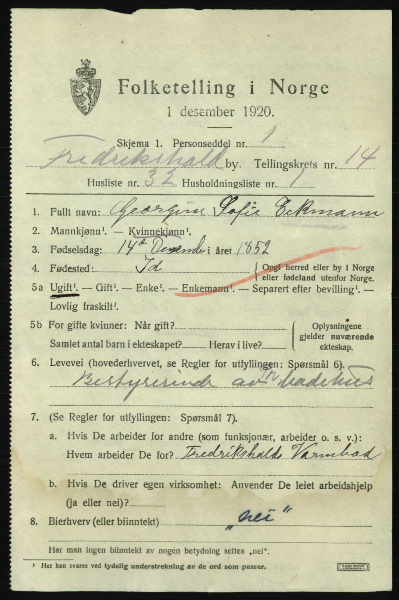 SAO, 1920 census for Fredrikshald, 1920, p. 23133