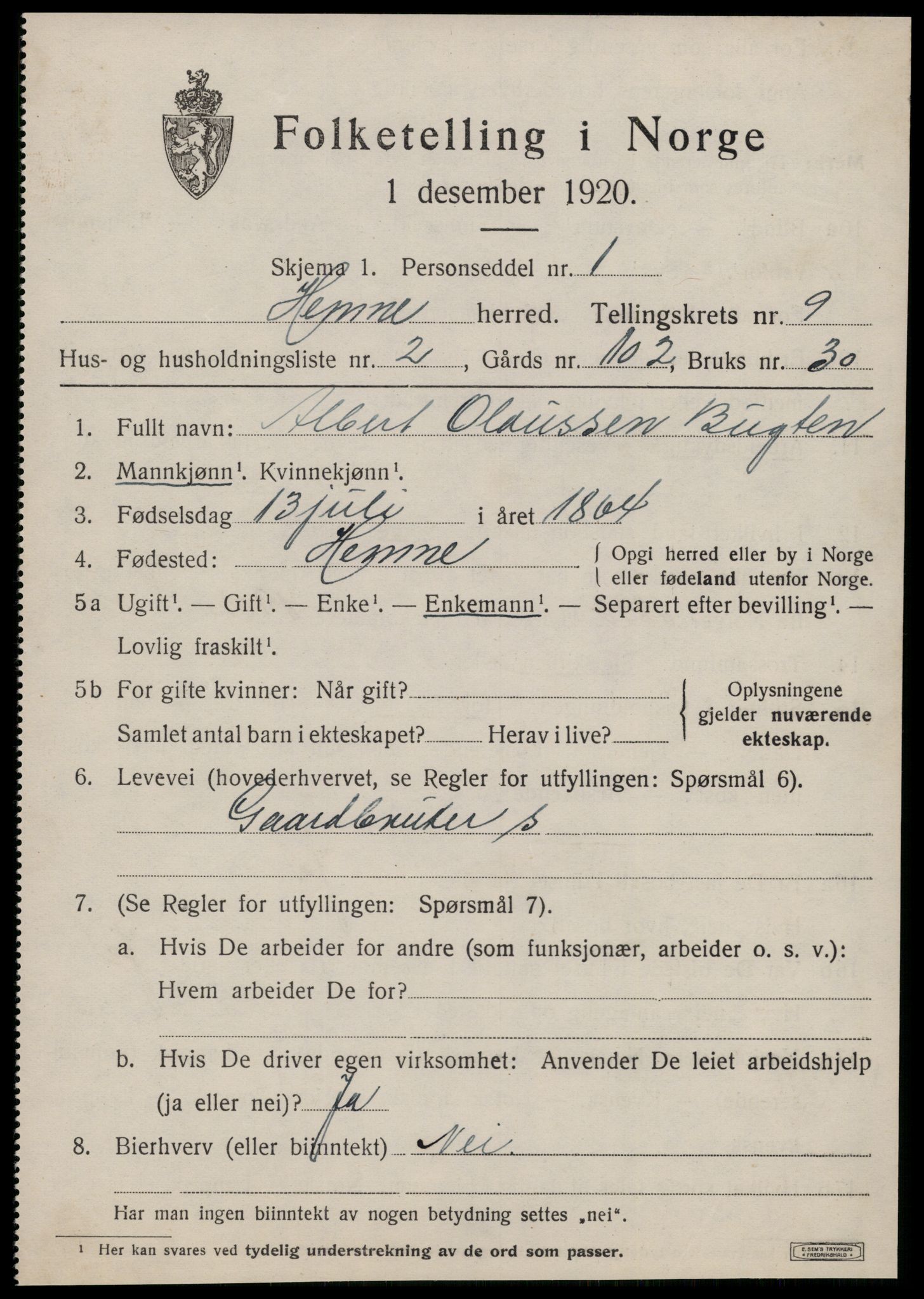 SAT, 1920 census for Hemne, 1920, p. 5408