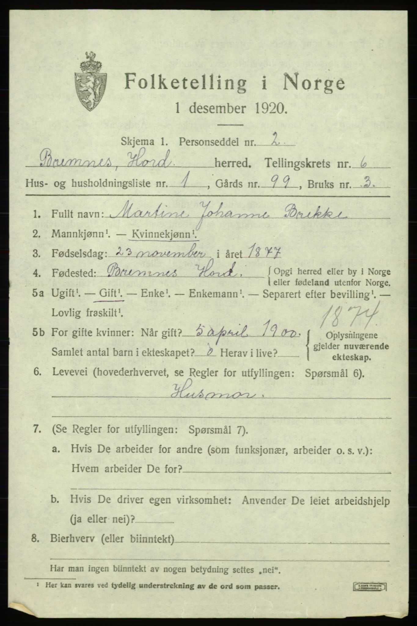 SAB, 1920 census for Bremnes, 1920, p. 3260