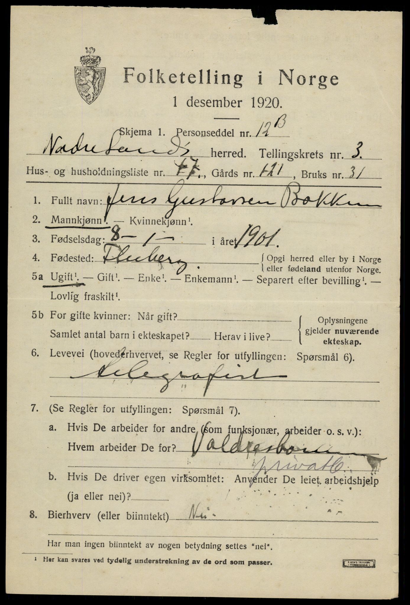 SAH, 1920 census for Nordre Land, 1920, p. 2946