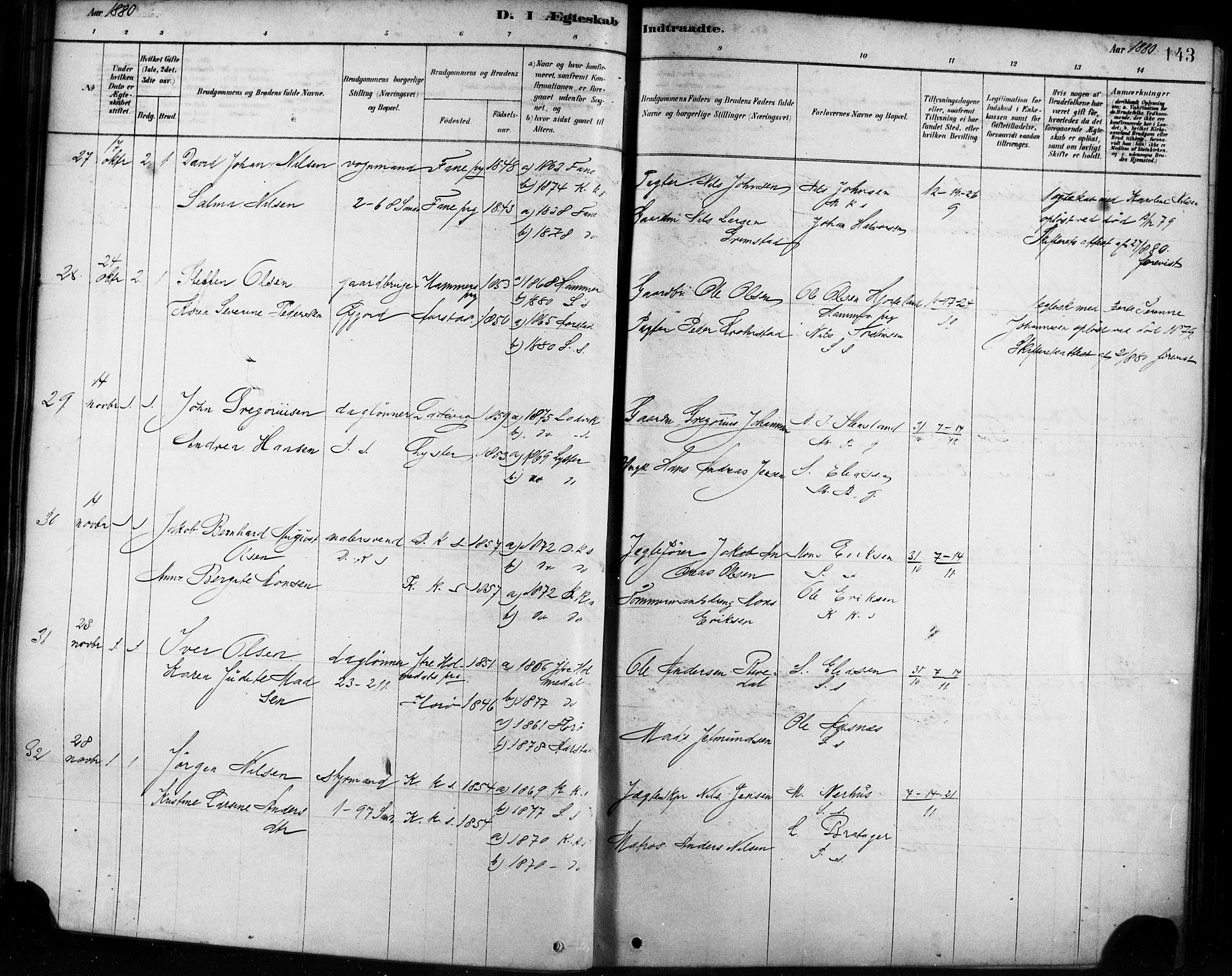 Sandviken Sokneprestembete, AV/SAB-A-77601/H/Ha/L0002: Parish register (official) no. A 2, 1878-1896, p. 143