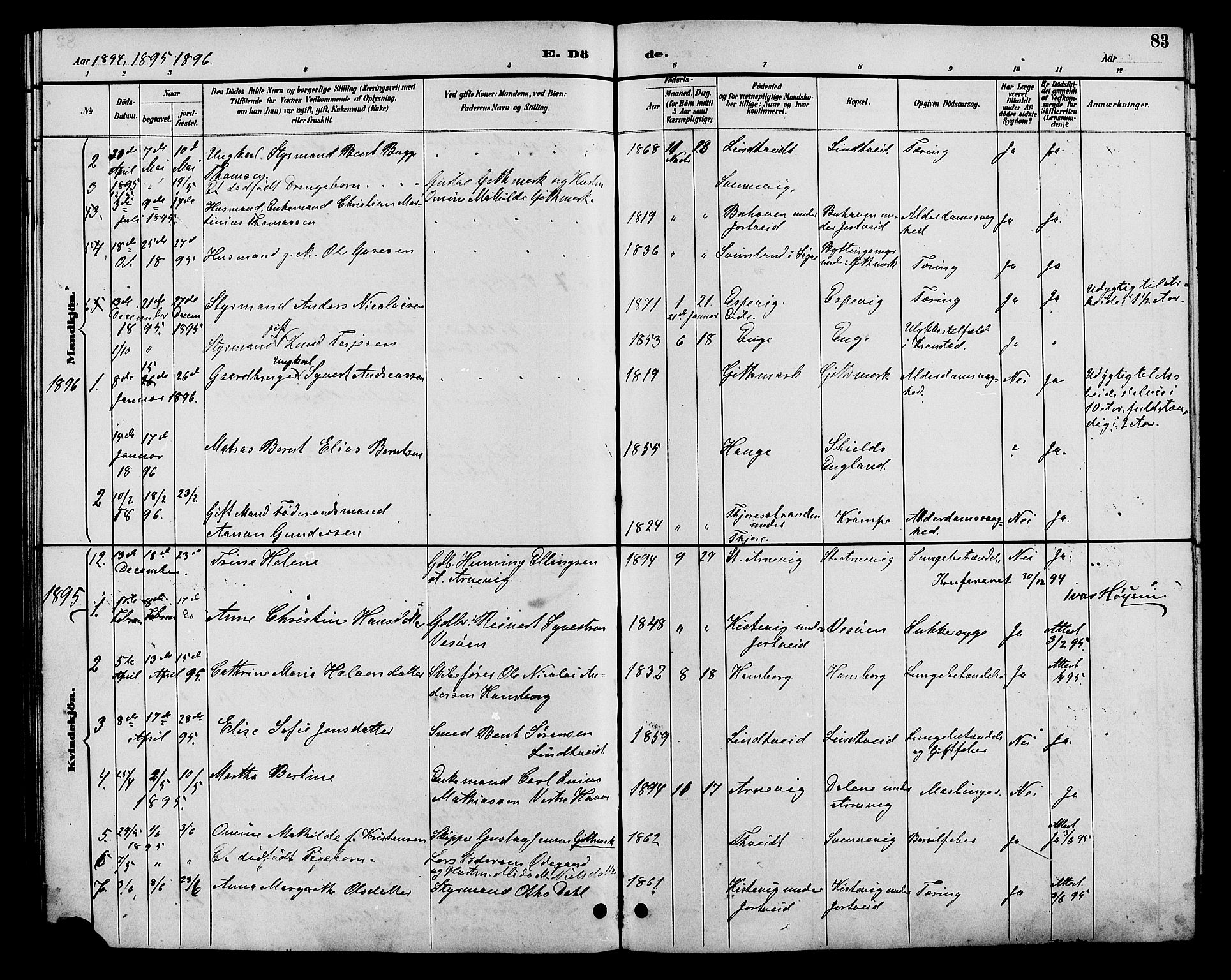 Hommedal sokneprestkontor, SAK/1111-0023/F/Fb/Fba/L0004: Parish register (copy) no. B 4, 1885-1908, p. 83