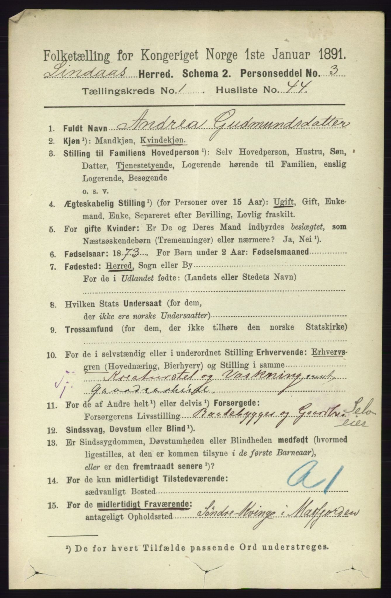 RA, 1891 census for 1263 Lindås, 1891, p. 367