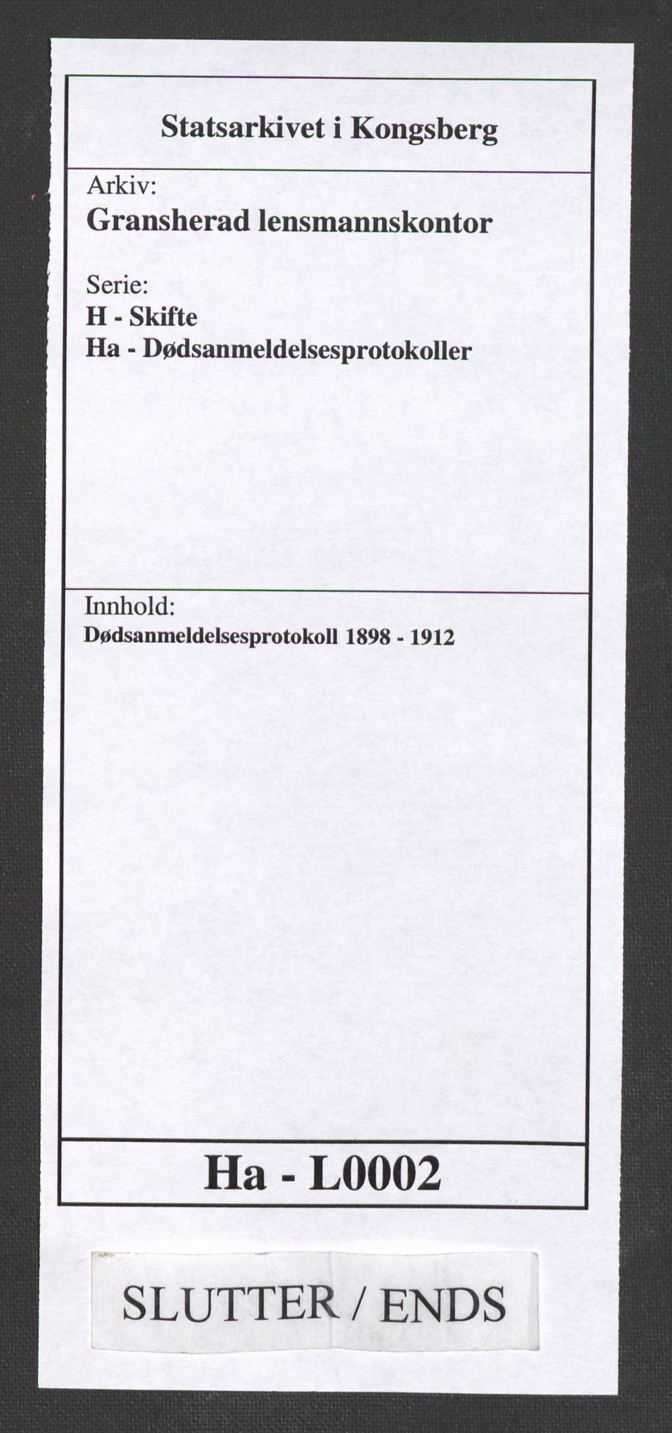 Gransherad lensmannskontor, AV/SAKO-A-557/H/Ha/L0002: Dødsanmeldelsesprotokoll, 1898-1912