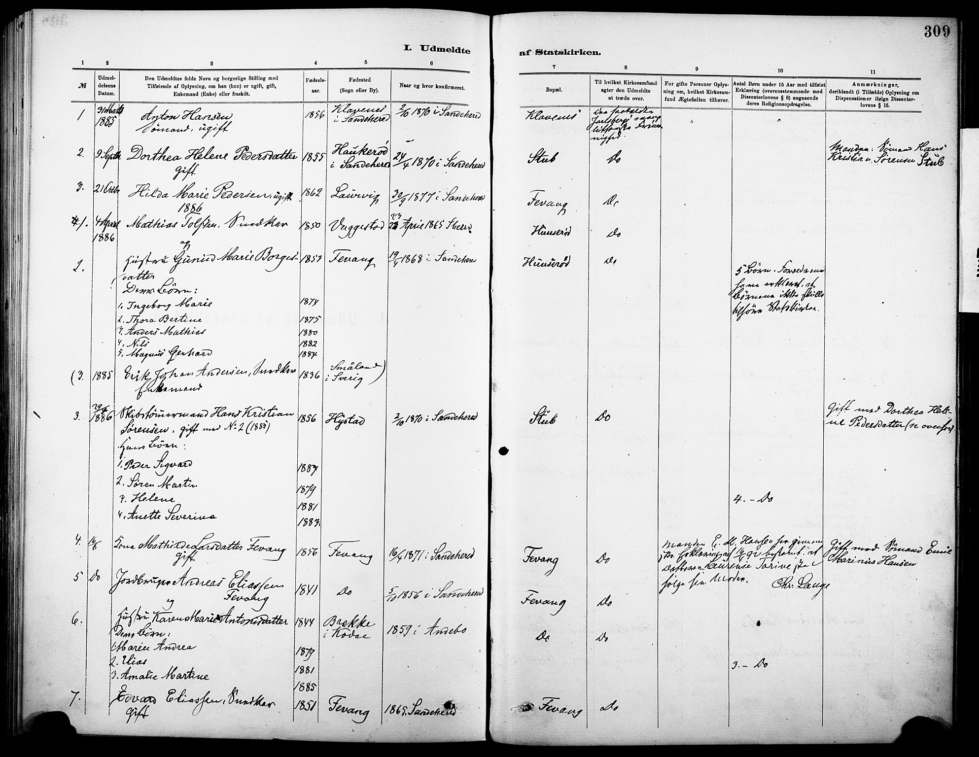 Sandar kirkebøker, SAKO/A-243/F/Fa/L0013: Parish register (official) no. 13, 1883-1895, p. 309