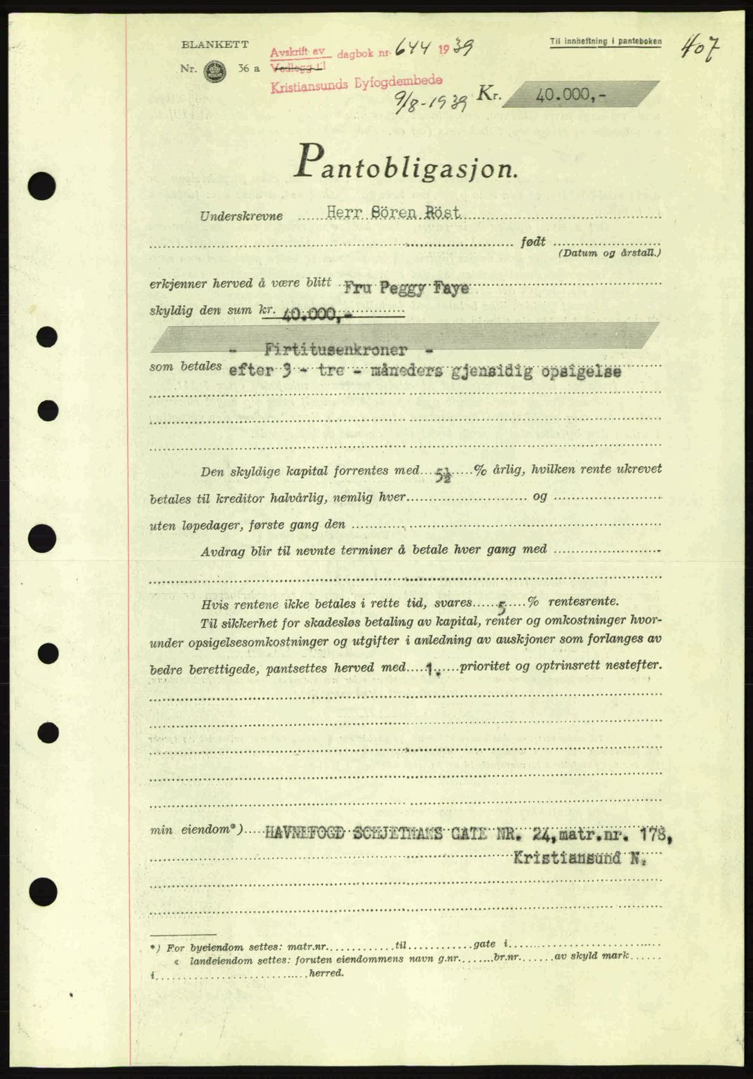 Kristiansund byfogd, SAT/A-4587/A/27: Mortgage book no. 31, 1938-1939, Diary no: : 644/1939