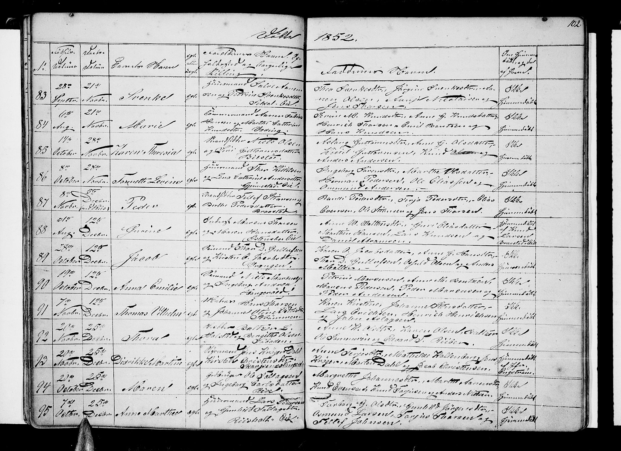 Øyestad sokneprestkontor, AV/SAK-1111-0049/F/Fb/L0006: Parish register (copy) no. B 6, 1843-1854, p. 102