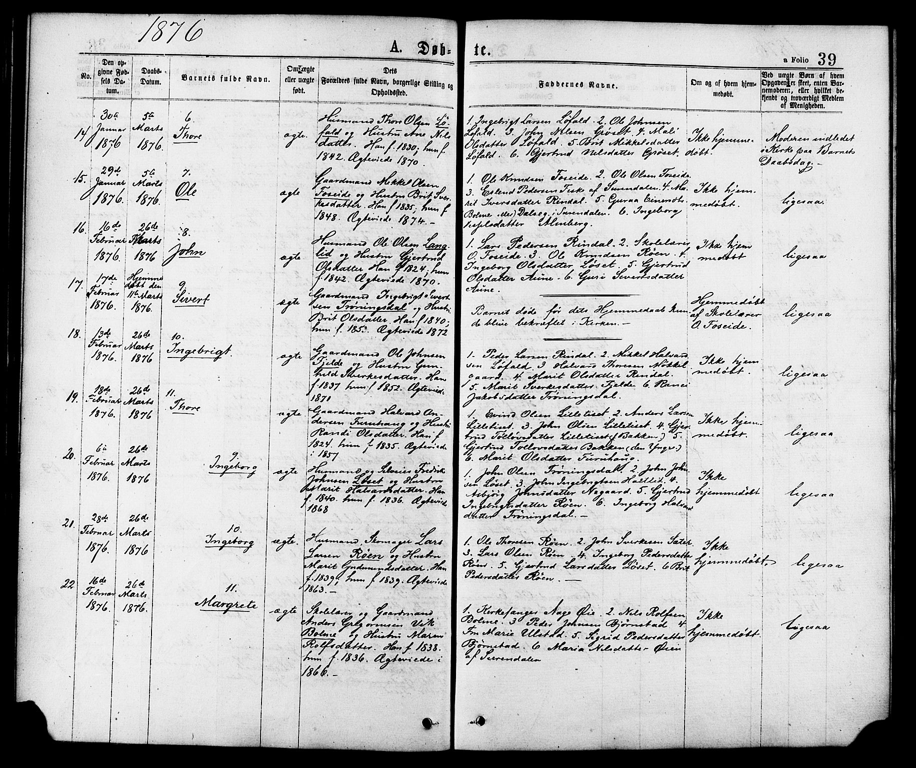 Ministerialprotokoller, klokkerbøker og fødselsregistre - Møre og Romsdal, AV/SAT-A-1454/598/L1068: Parish register (official) no. 598A02, 1872-1881, p. 39