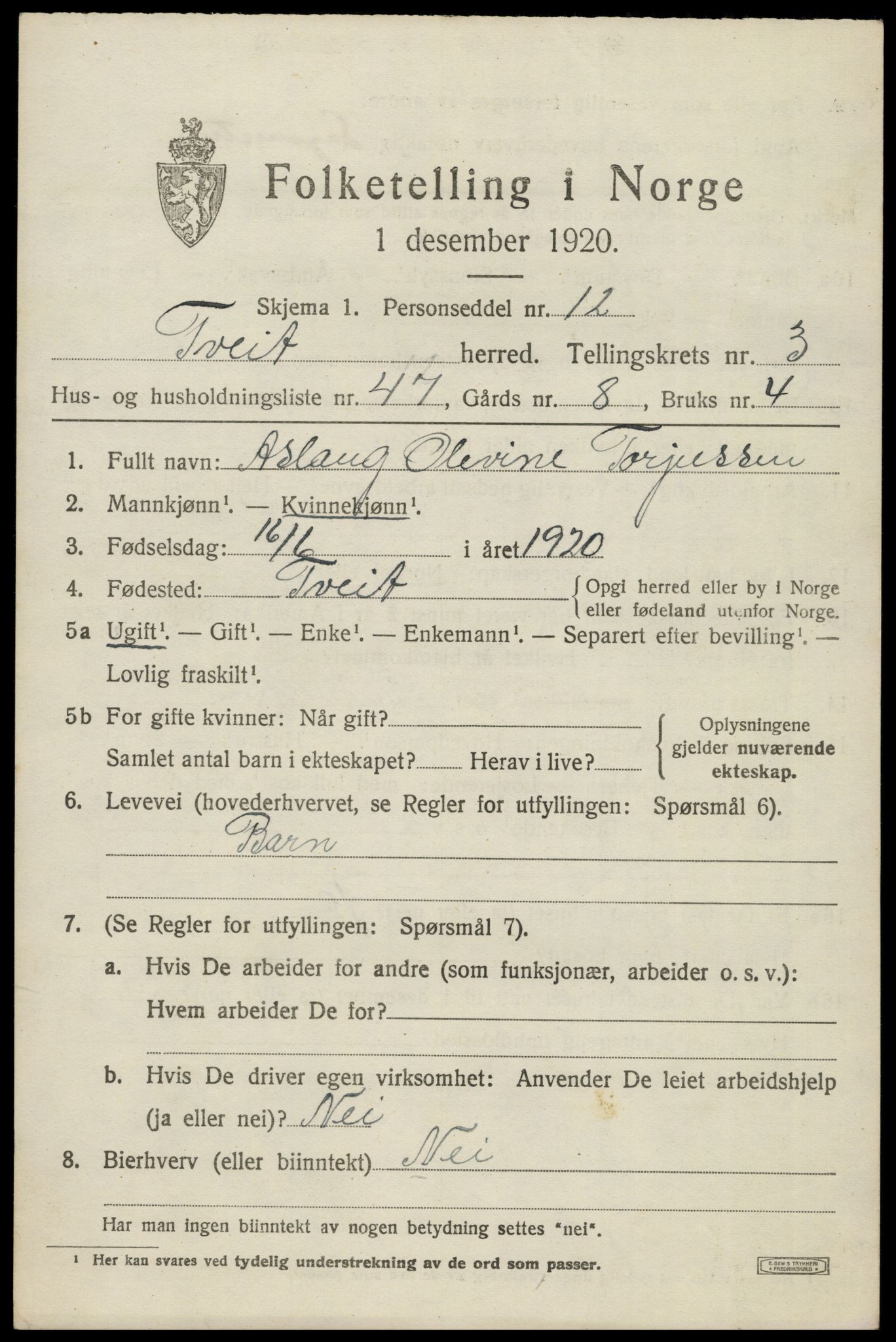 SAK, 1920 census for Tveit, 1920, p. 1970