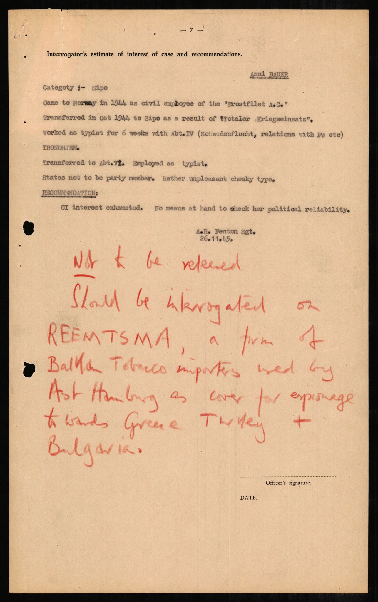 Forsvaret, Forsvarets overkommando II, RA/RAFA-3915/D/Db/L0002: CI Questionaires. Tyske okkupasjonsstyrker i Norge. Tyskere., 1945-1946, p. 219