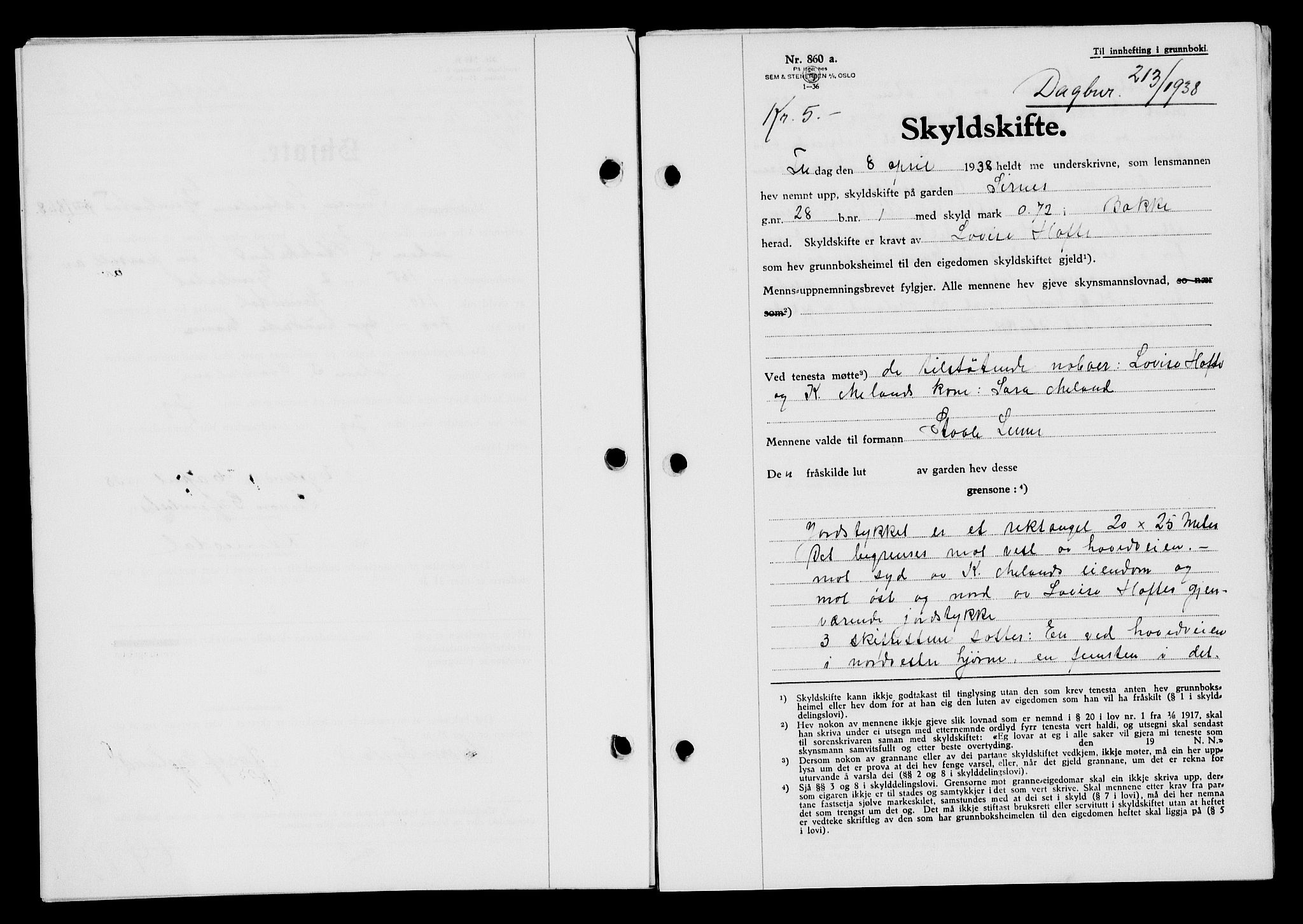 Flekkefjord sorenskriveri, SAK/1221-0001/G/Gb/Gba/L0054: Mortgage book no. A-2, 1937-1938, Diary no: : 213/1938