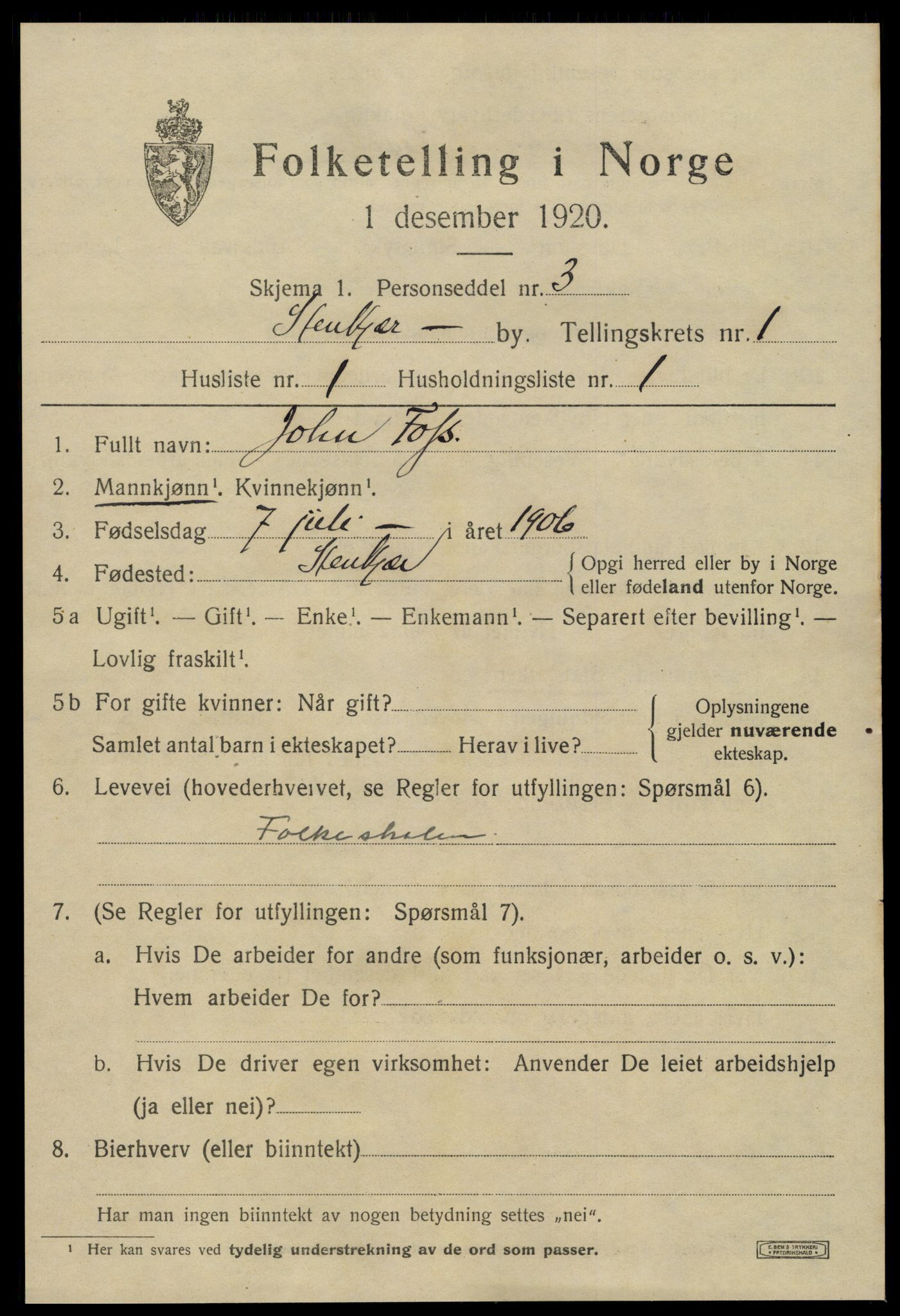 SAT, 1920 census for Steinkjer, 1920, p. 2352