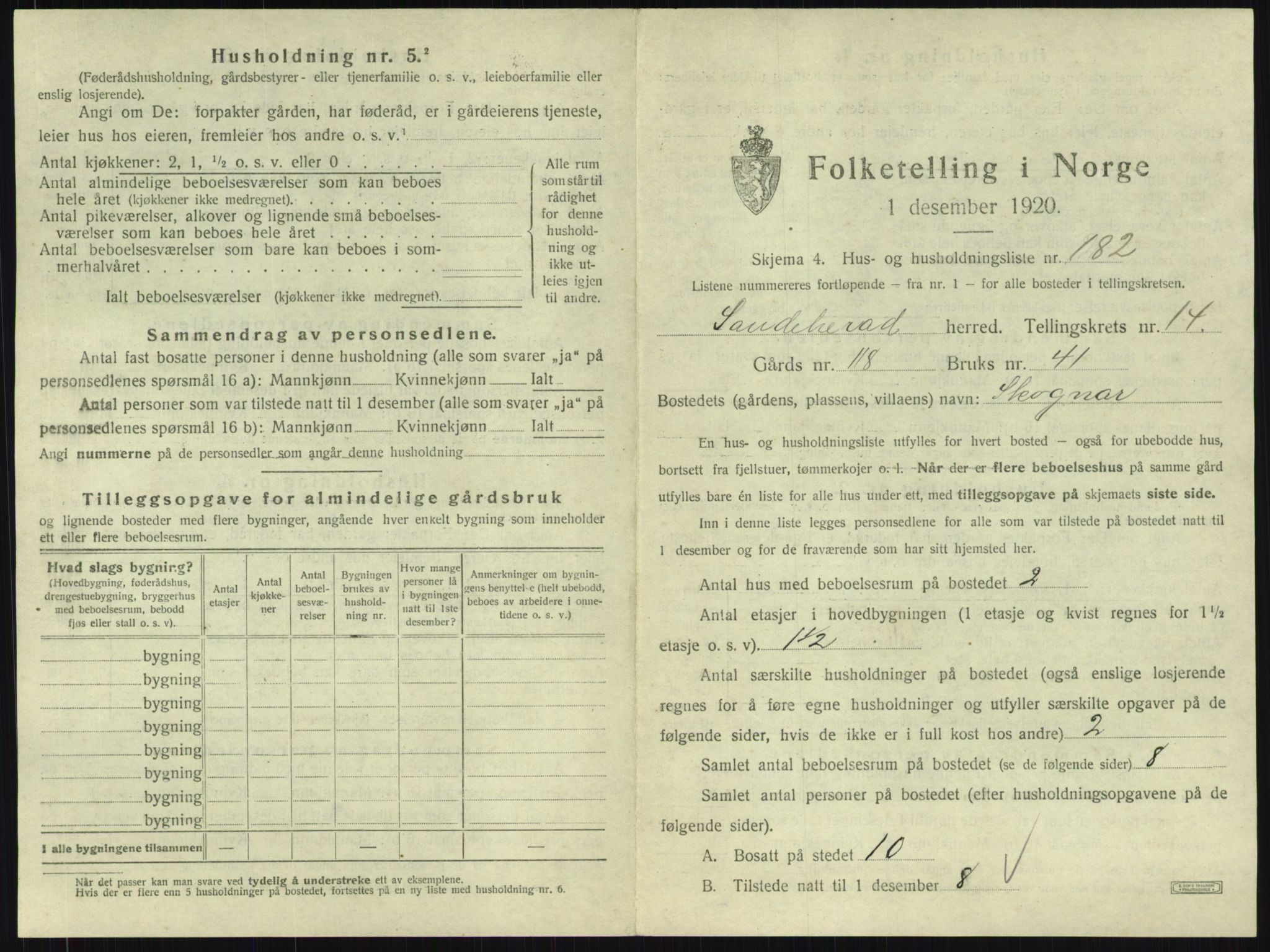 SAKO, 1920 census for Sandeherred, 1920, p. 3226