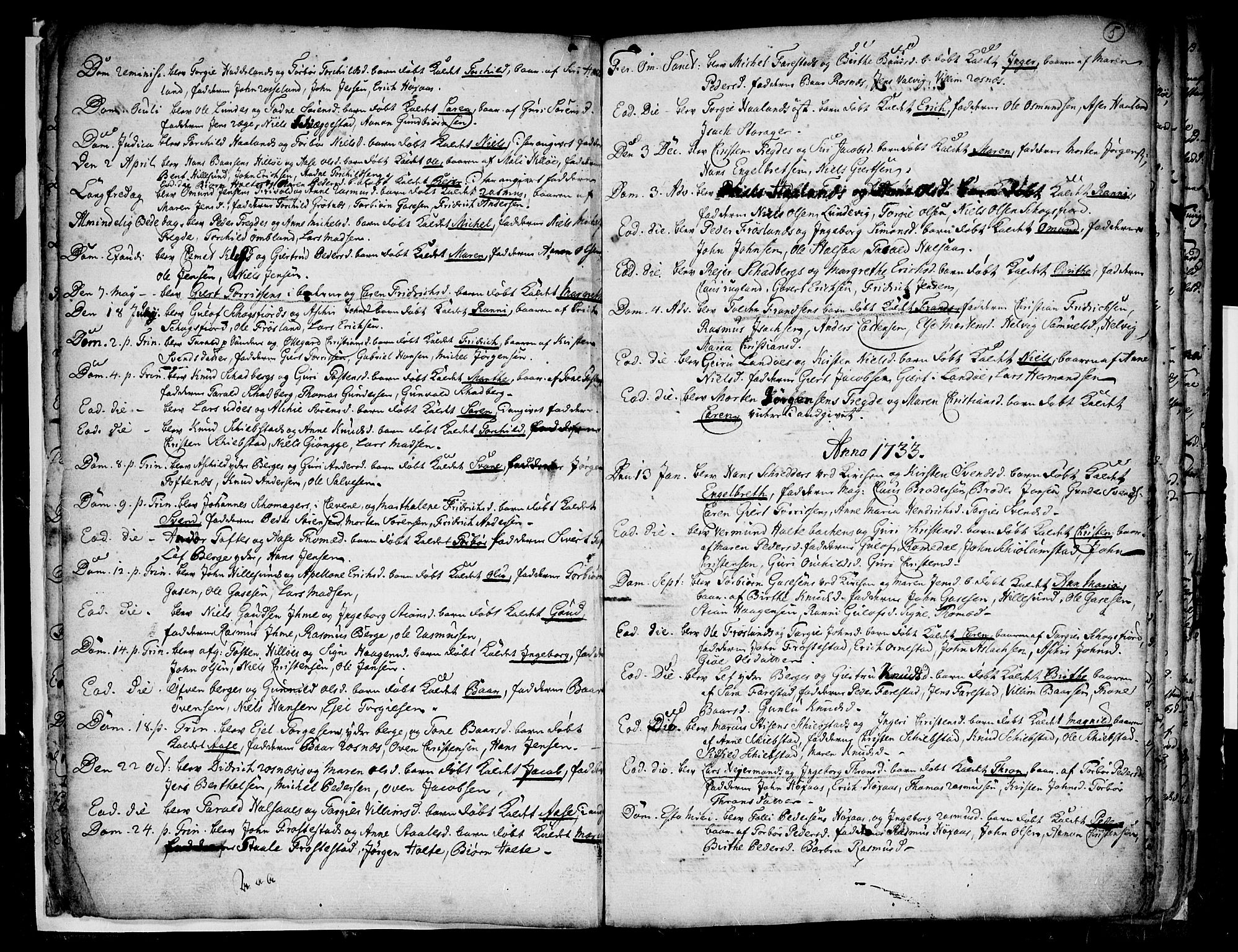 Mandal sokneprestkontor, SAK/1111-0030/F/Fa/Faa/L0001: Parish register (official) no. A 1, 1729-1748, p. 5