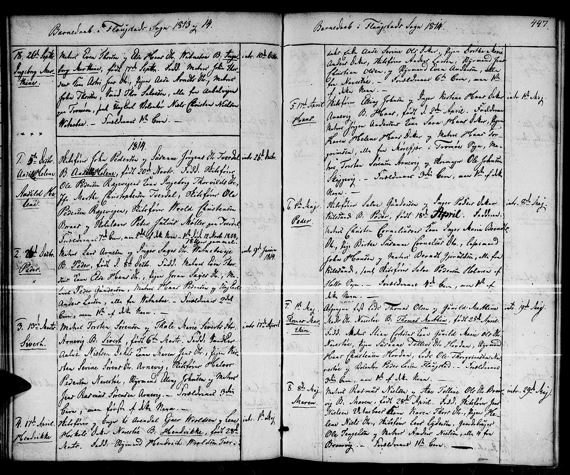 Dypvåg sokneprestkontor, SAK/1111-0007/F/Fa/Faa/L0002: Parish register (official) no. A 2 /2, 1813-1824, p. 447