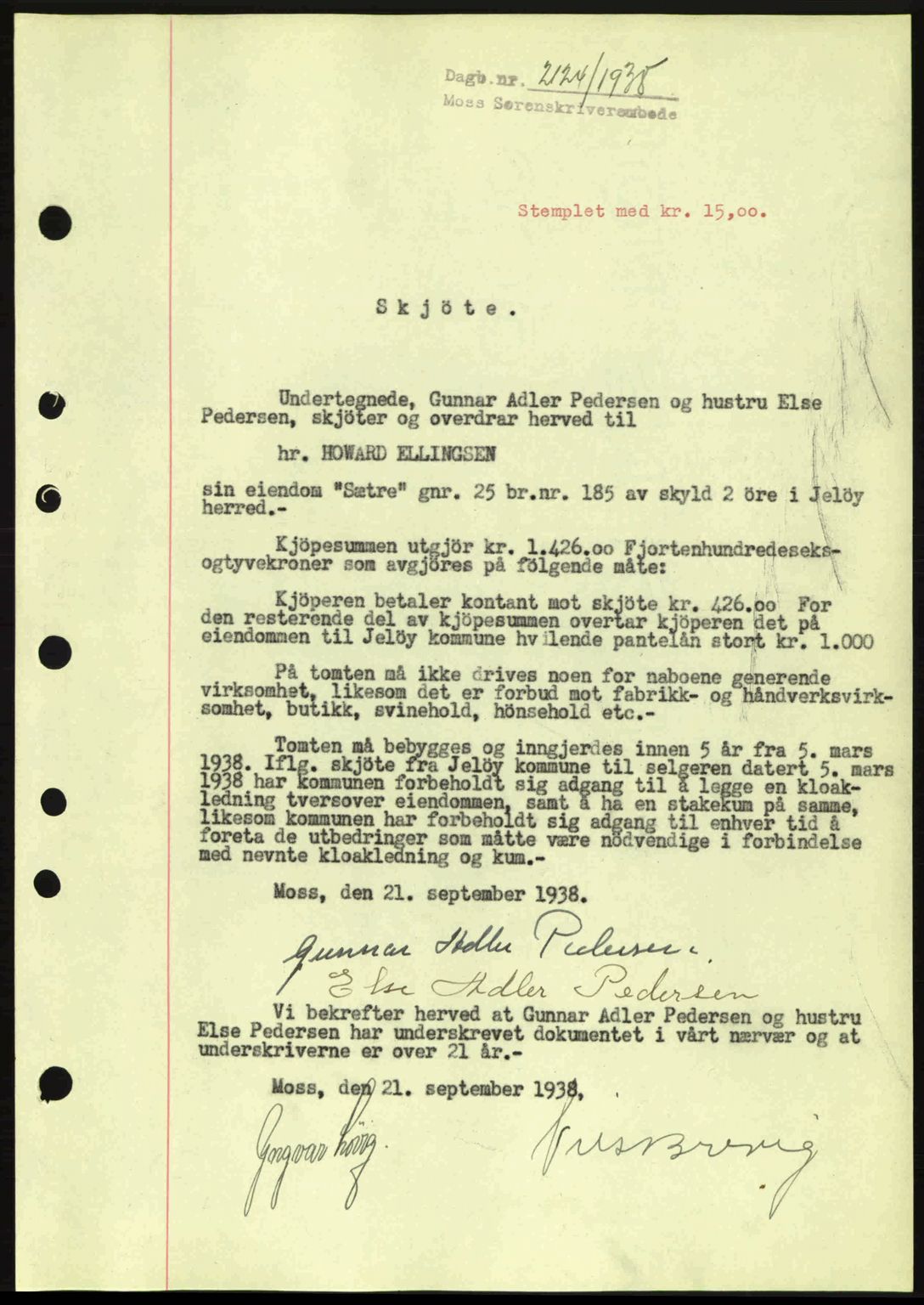 Moss sorenskriveri, SAO/A-10168: Mortgage book no. A5, 1938-1939, Diary no: : 2124/1938