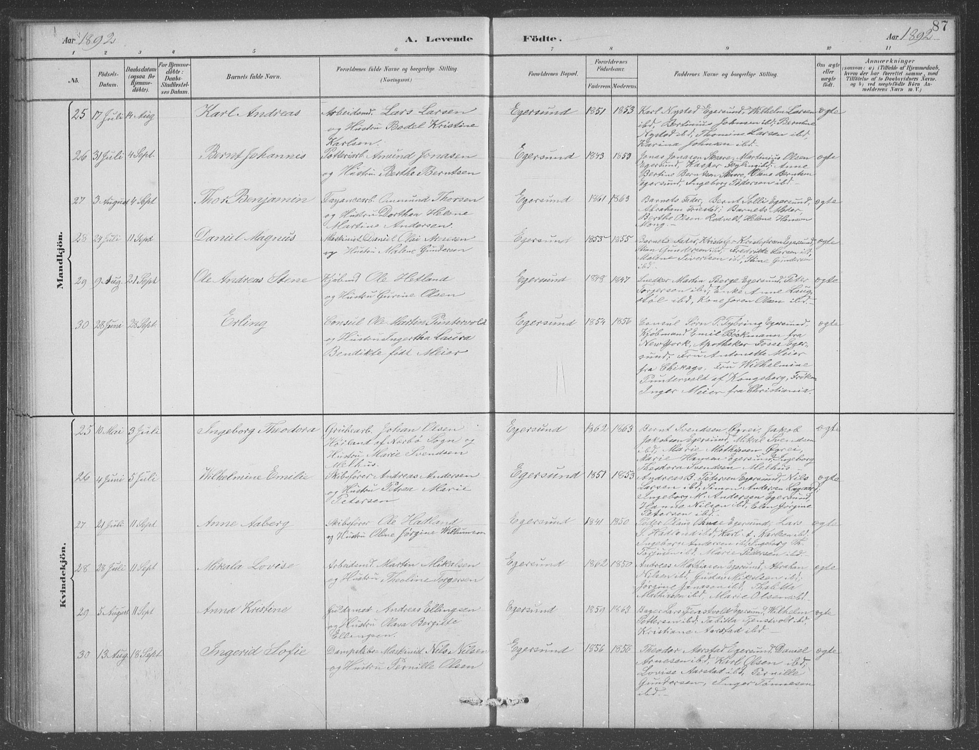 Eigersund sokneprestkontor, AV/SAST-A-101807/S09/L0008: Parish register (copy) no. B 8, 1882-1892, p. 87