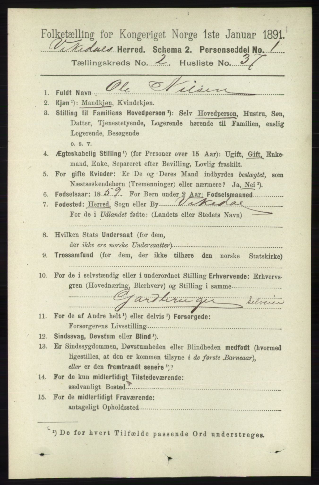 RA, 1891 census for 1157 Vikedal, 1891, p. 434